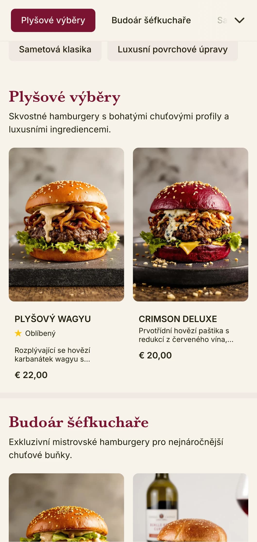 Luxusní hamburgerový salonek s bohatými texturami a bohatou prezentací.