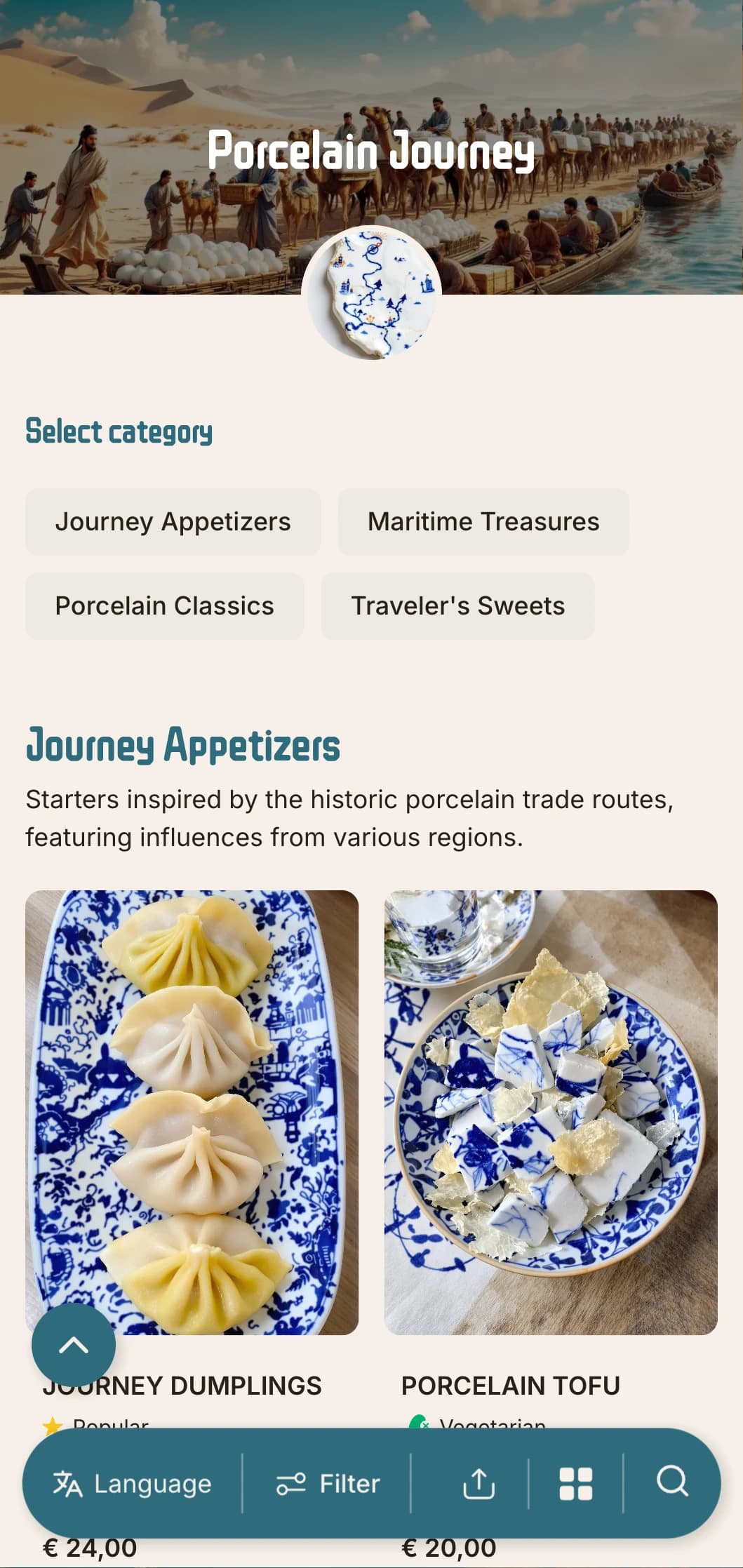Elegant Chinese menu design inspired by porcelain trade routes, with historical elements for authentic cuisine.