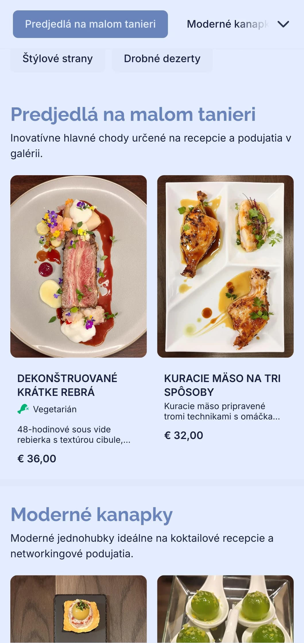 Štýlový moderný catering na kokteilové podujatia s inovatívnymi kanapkami, malými sústami a modernou prezentáciou na networkingové podujatia a vernisáže galérií.