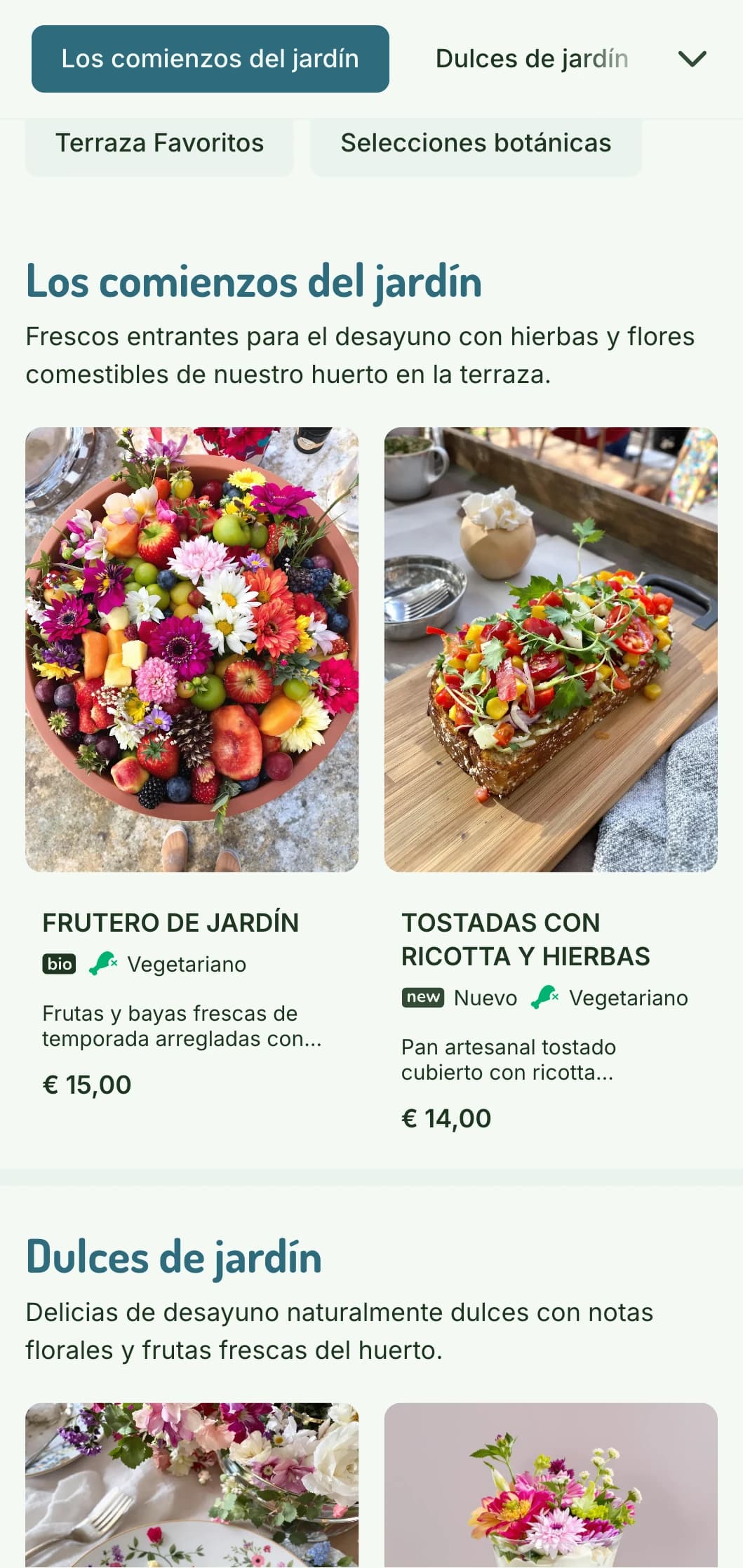 Desayunos frescos y vibrantes servidos en un entorno inspirado en los jardines, con influencias botánicas y elementos naturales.