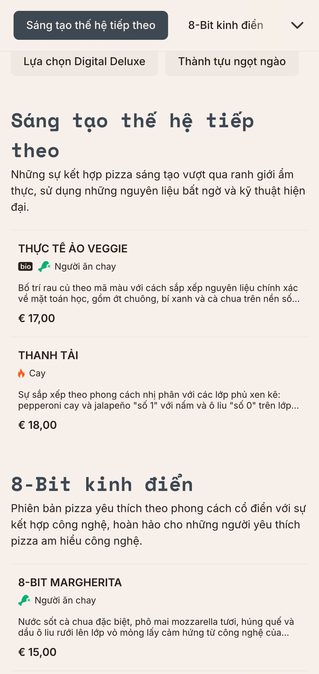 Thực đơn pizza hiện đại lấy cảm hứng từ công nghệ với tính thẩm mỹ kỹ thuật số cho những ý tưởng sáng tạo về pizza.