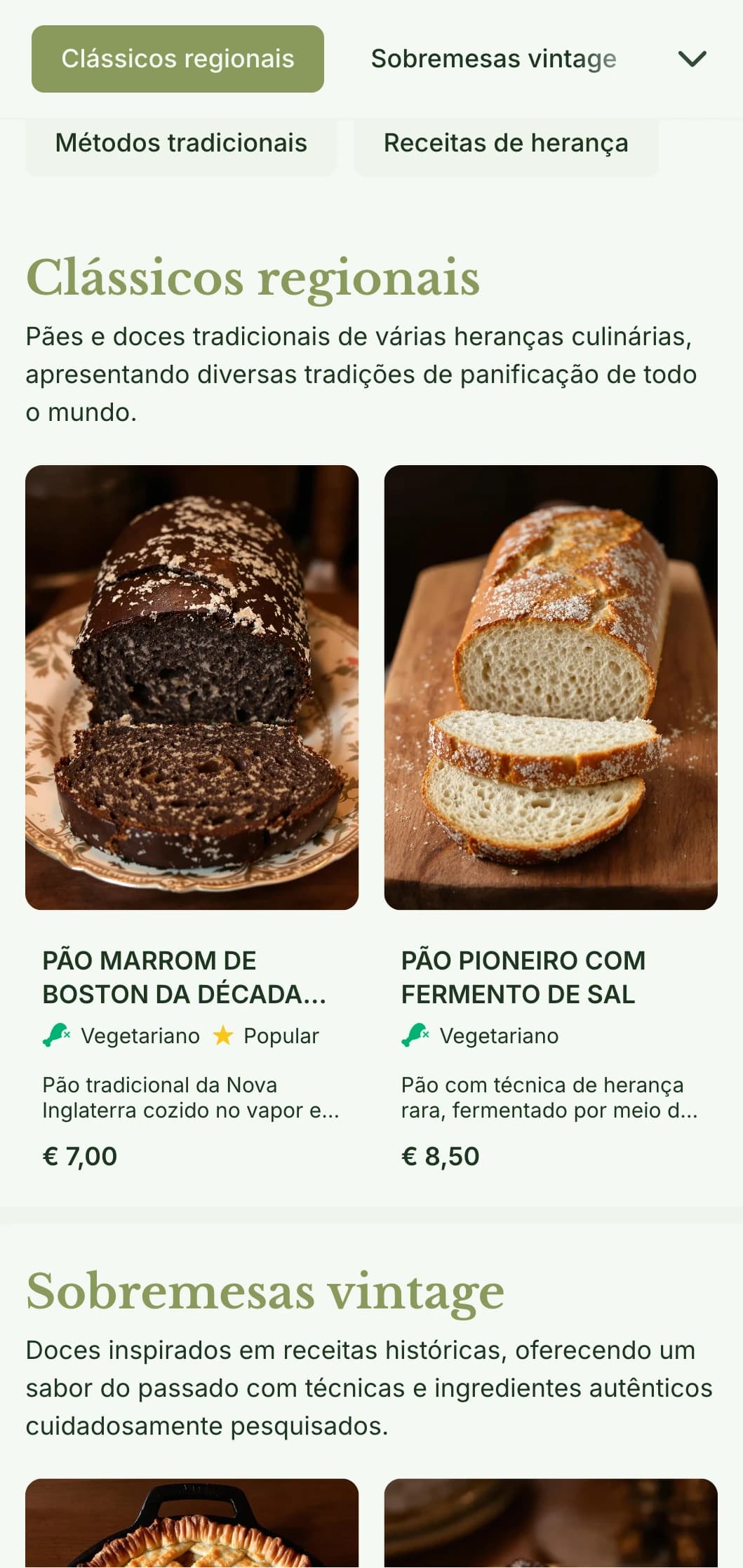 Um design de cardápio de padaria tradicional, inspirado em herança, com tons de verde oliva e tipografia clássica, perfeito para padarias com foco em receitas históricas.