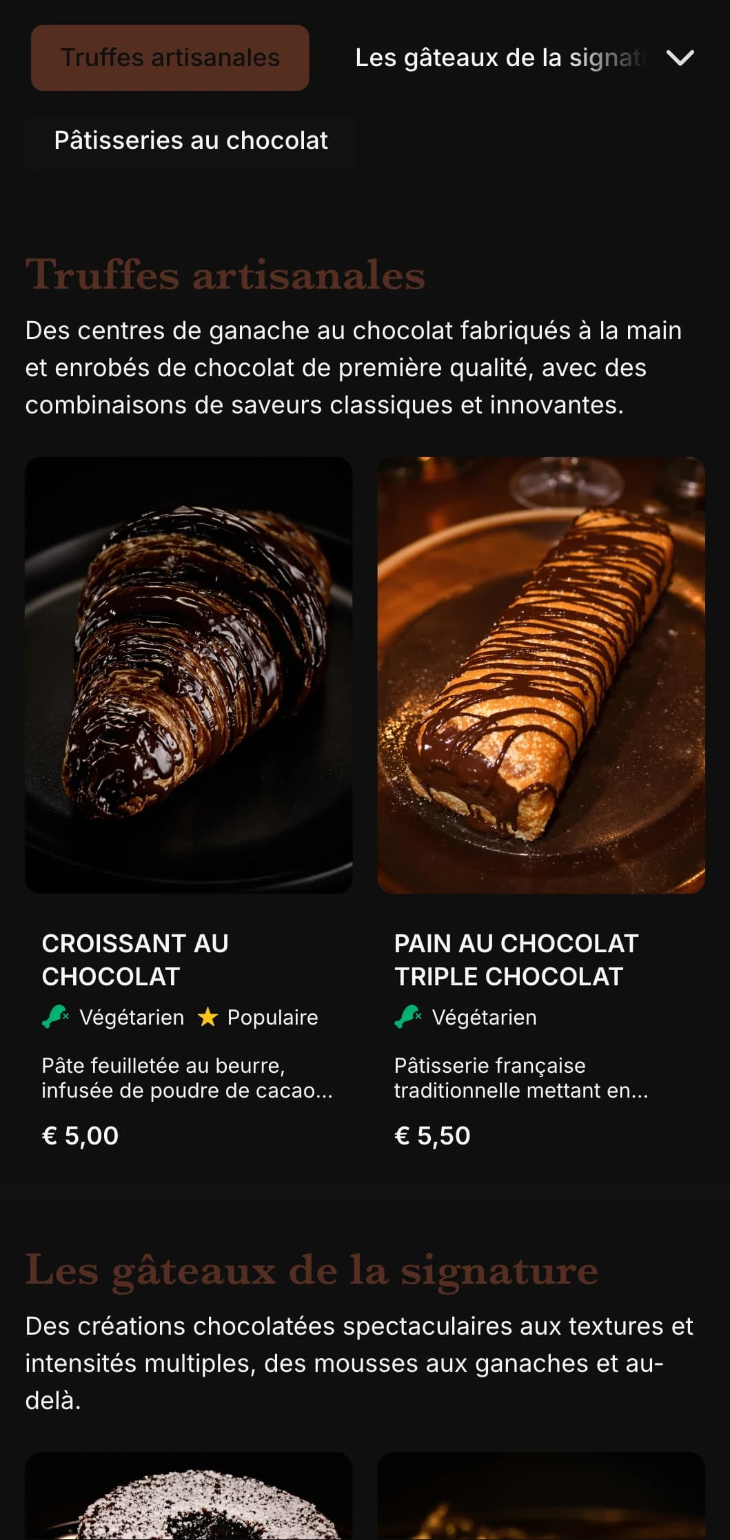 Un design de menu de boulangerie riche et indulgent avec des tons marron chocolat profond et une typographie élégante, parfait pour les boulangeries axées sur le chocolat.
