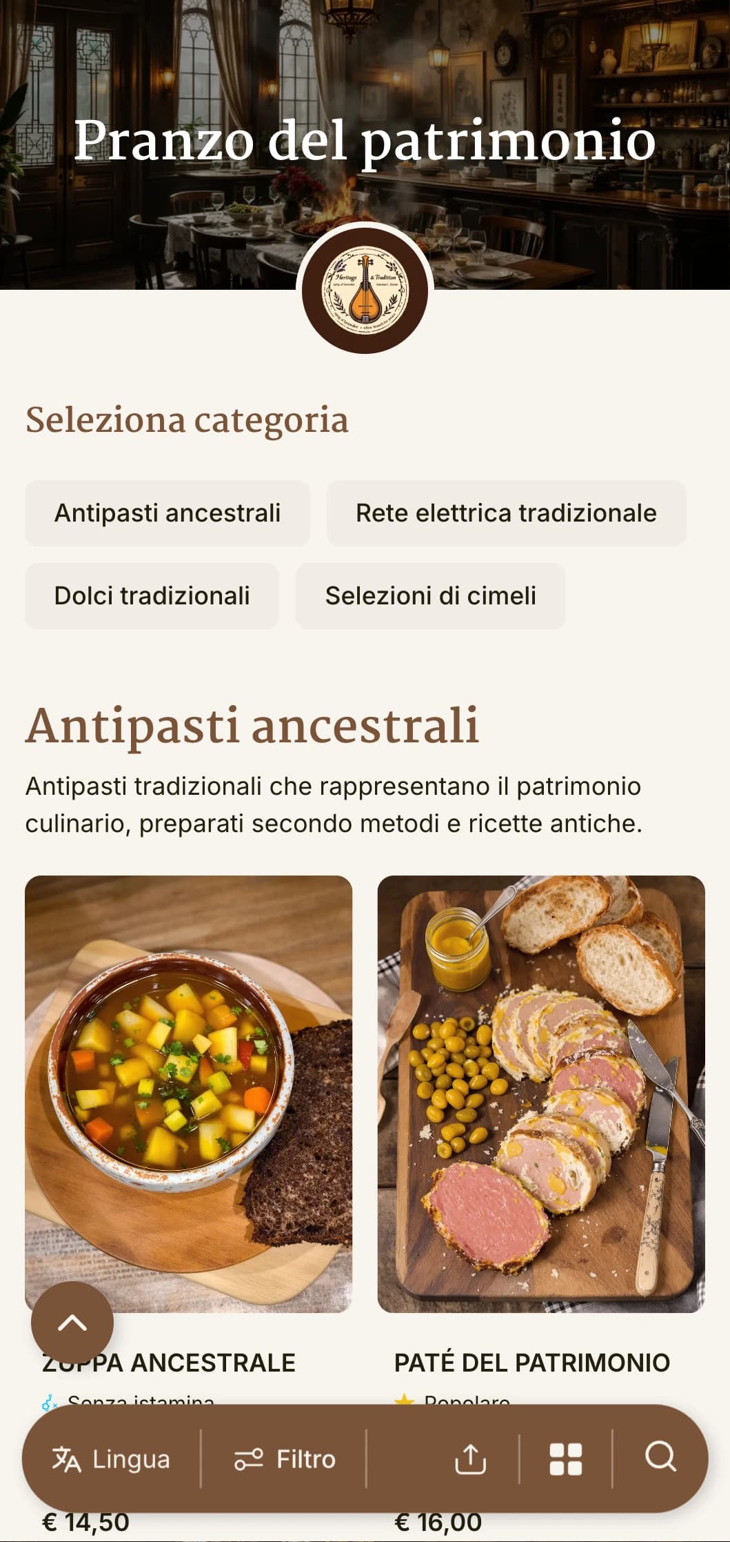 Menu per il pranzo di ispirazione tradizionale, con elementi storici e tipografia senza tempo, perfetto per i ristoranti di riferimento e le strutture di rilevanza culturale.