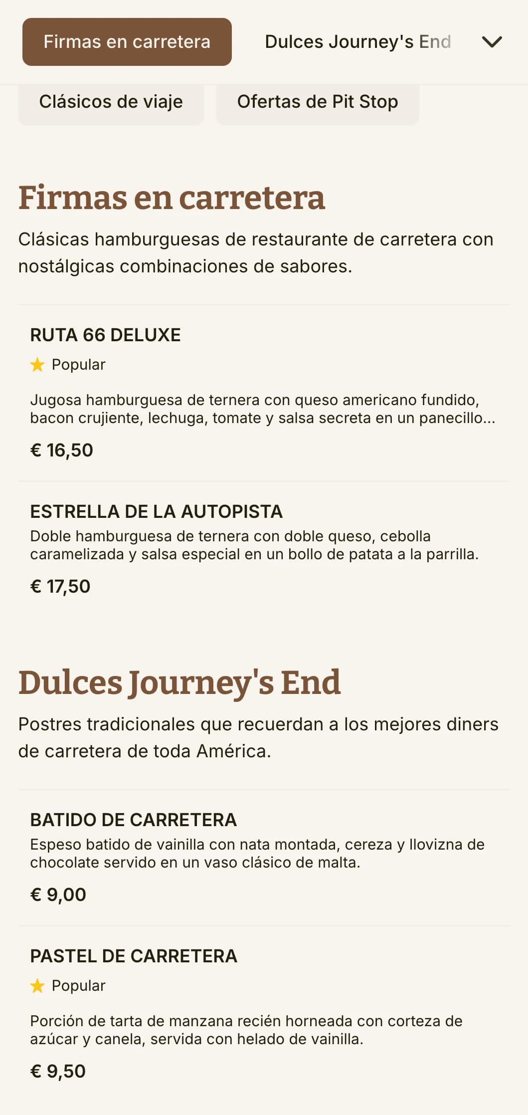 Hamburguesería inspirada en las autopistas, con señales de tráfico vintage y la clásica nostalgia americana de los viajes por carretera.