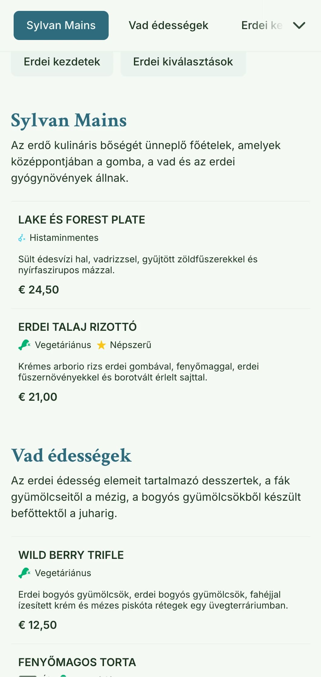 Derűs, erdei ihletésű, organikus textúrákkal és földszínekkel díszített ebédmenü-tervezés, amely tökéletes a természeti környezethez és parkokhoz közeli éttermek számára.