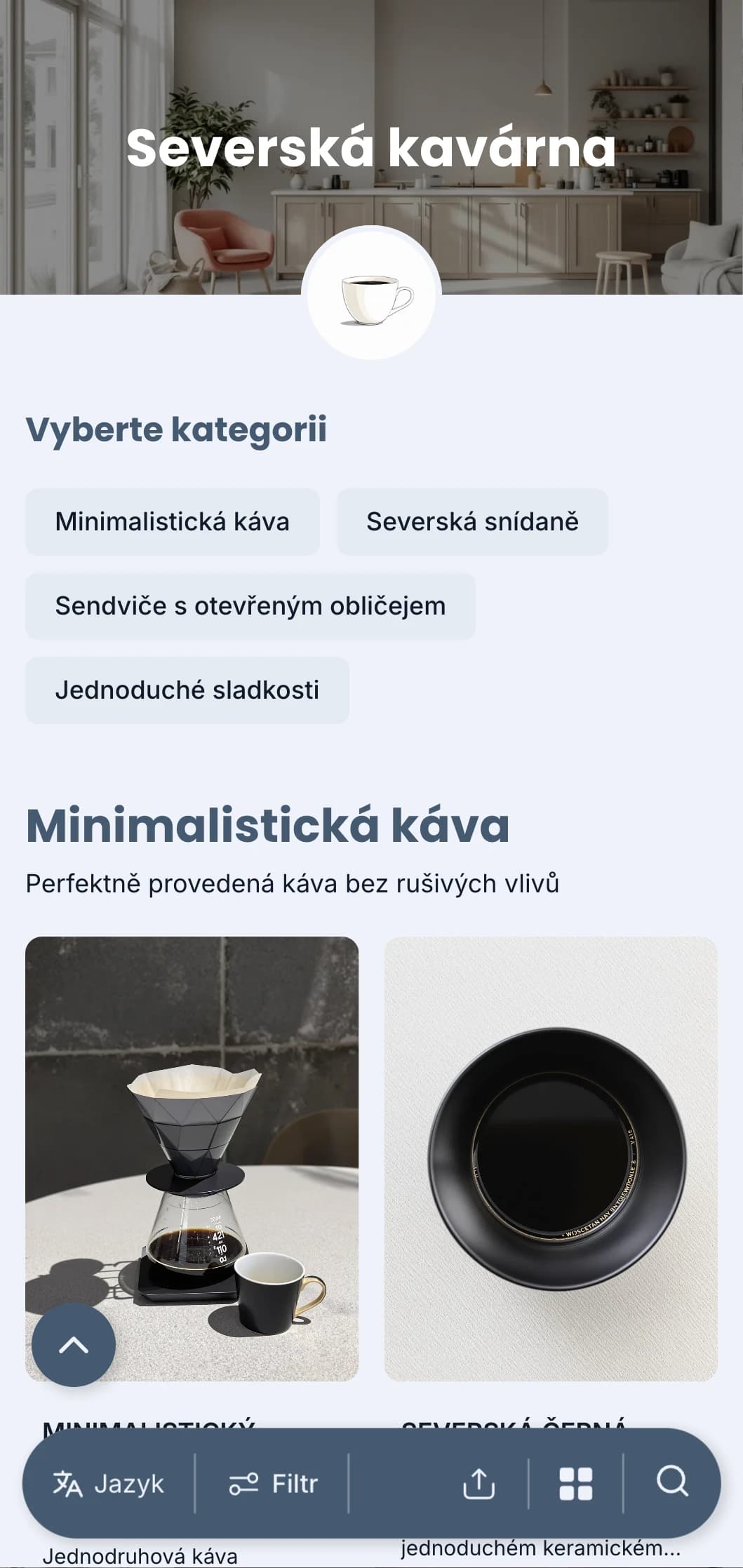 Čistý design inspirovaný skandinávským stylem s chladnými modrými tóny pro moderní minimalistické kavárny.