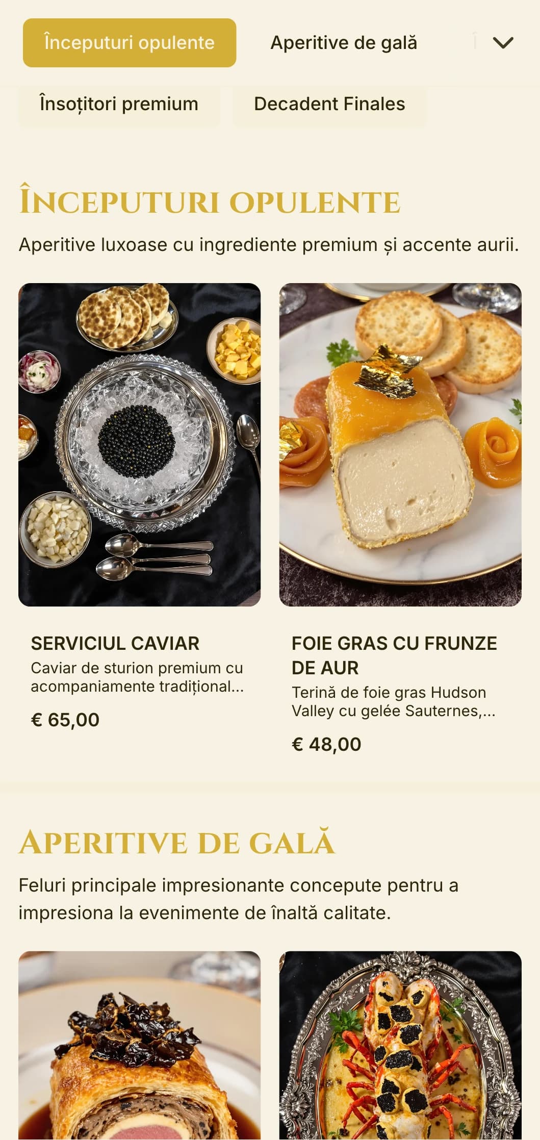 Serviciu de catering opulent cu ingrediente premium, accente aurii și prezentare extravagantă pentru gale și evenimente de lux.