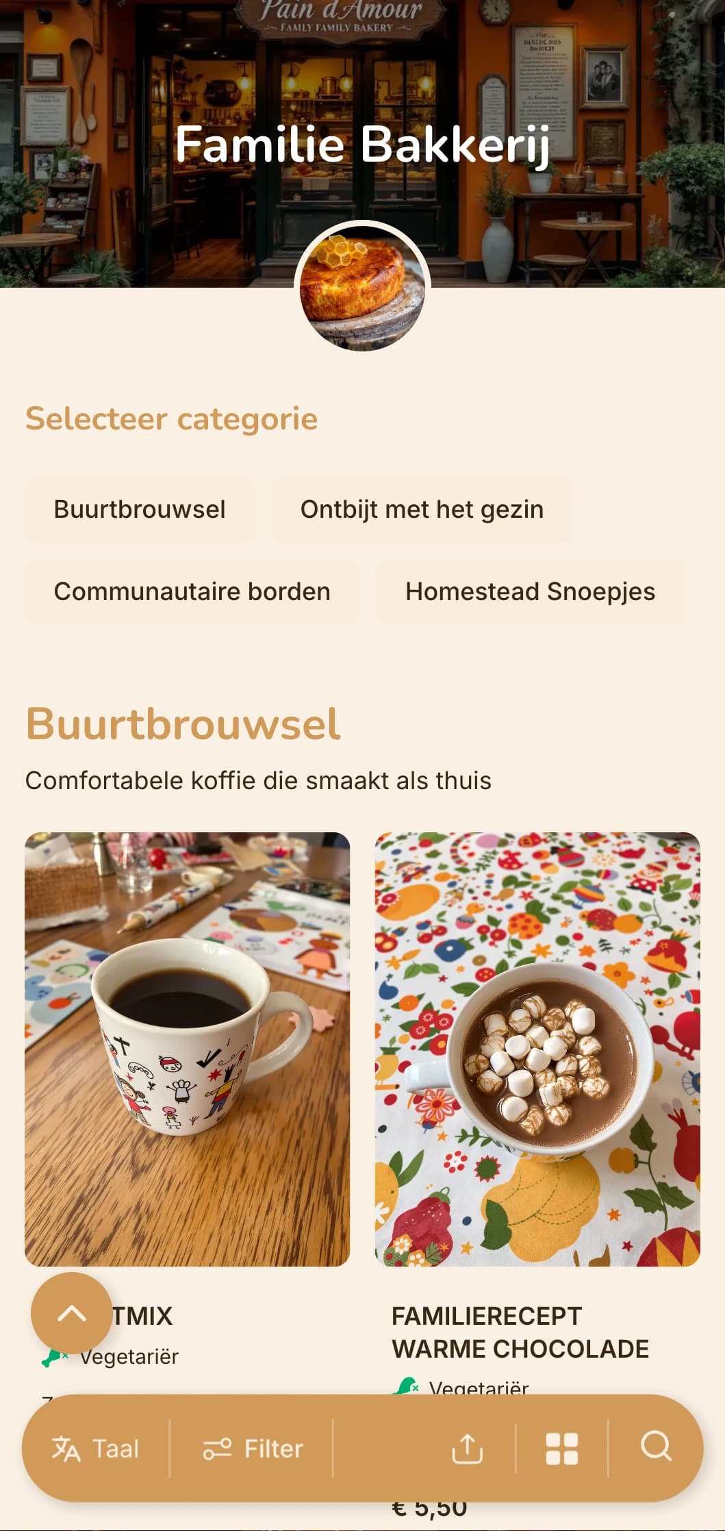 Warm oranje ontwerp met huiselijke elementen voor familiebakkerijen en buurtcafés.
