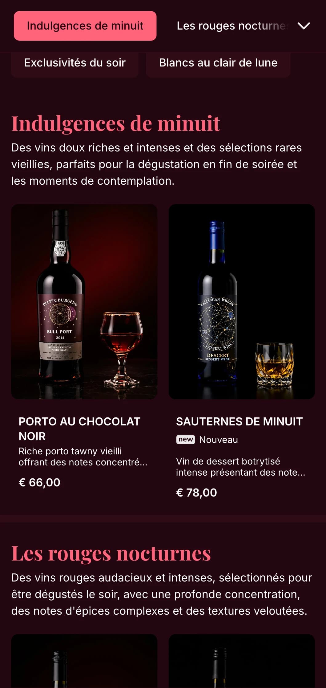 Modèle de carte des vins très spectaculaire, avec des accents roses frappants sur des fonds bordeaux profonds, idéal pour les salons de vin exclusifs et les lieux de soirée.