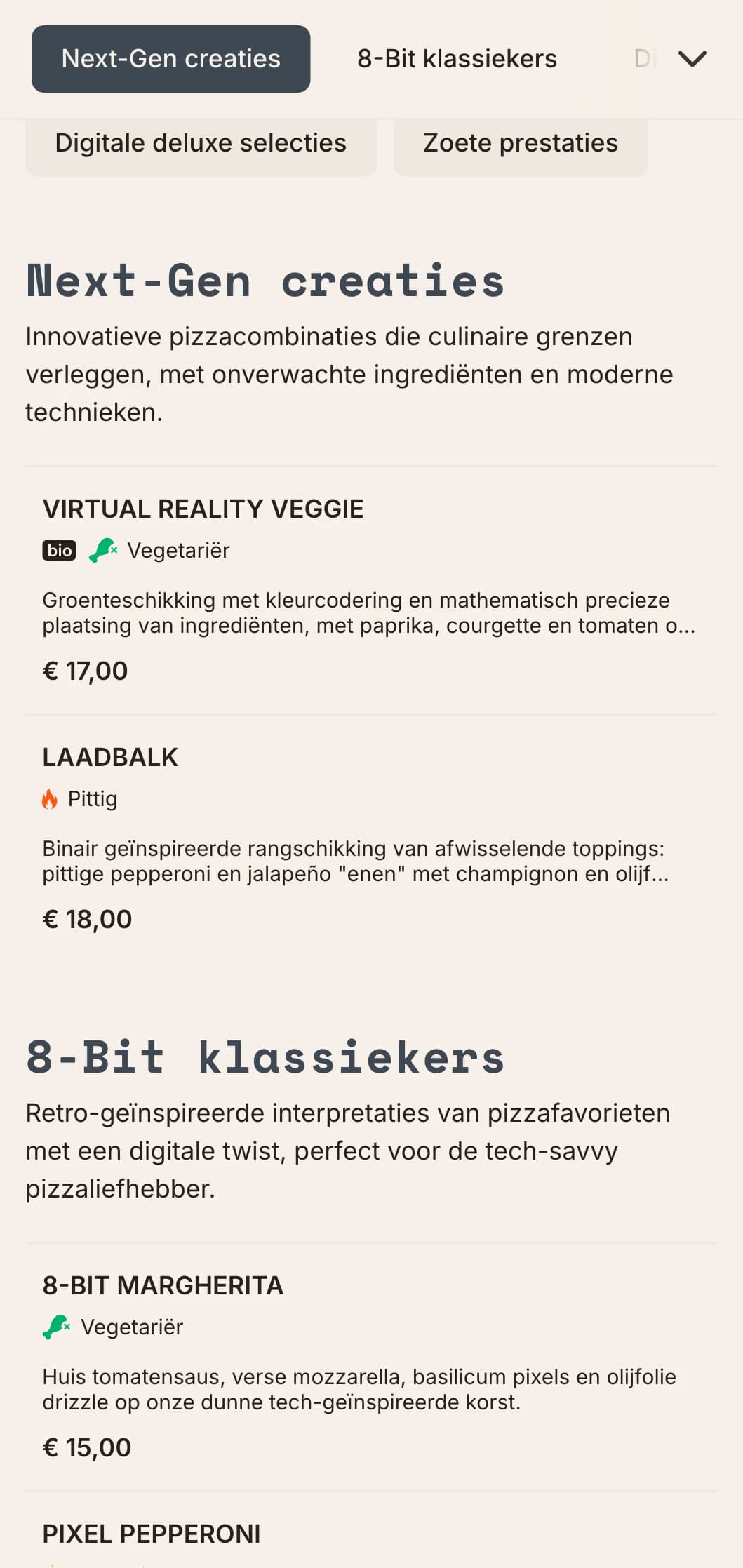 Op technologie geïnspireerd modern pizzamenu met digitale esthetiek voor innovatieve pizzaconcepten.