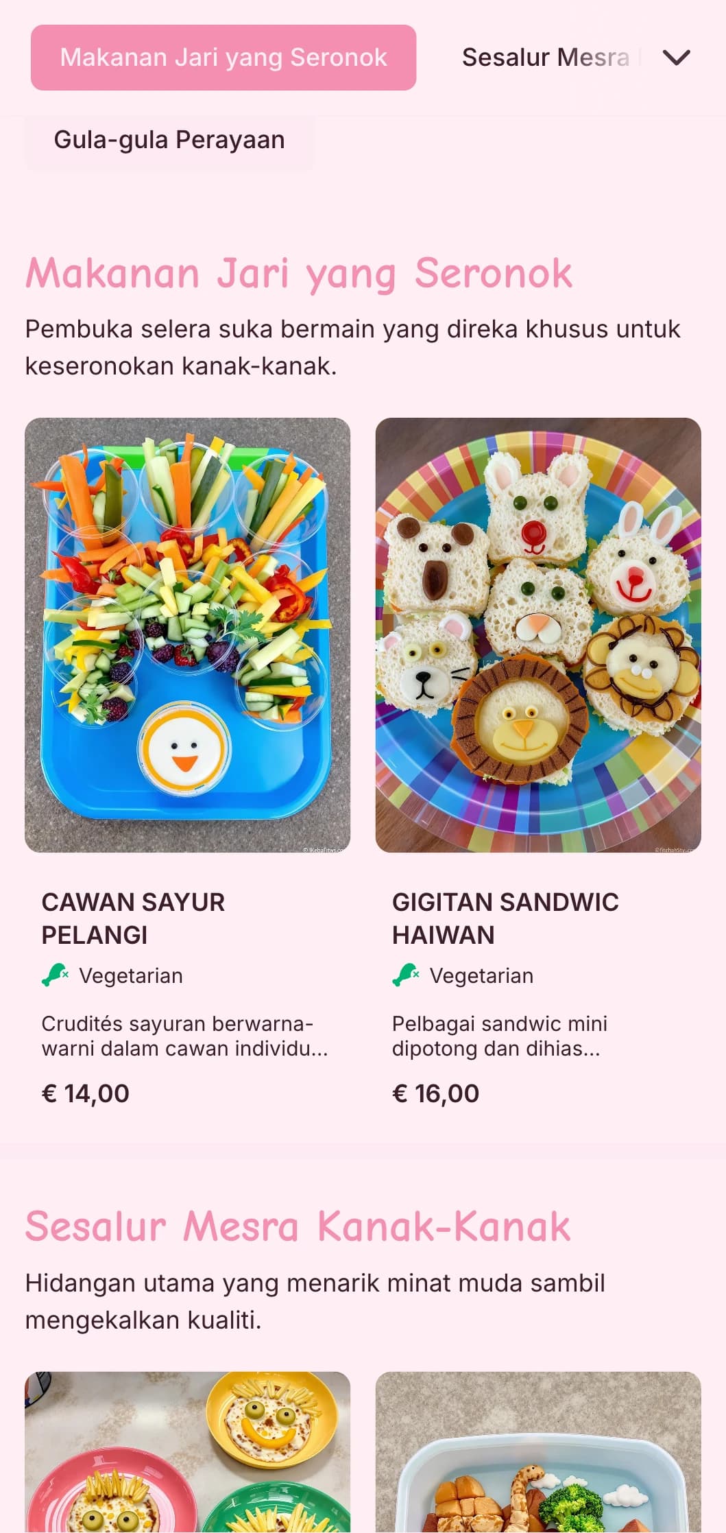 Katering yang menyeronokkan dan berwarna-warni yang direka khusus untuk acara kanak-kanak dengan persembahan yang menyeronokkan, pilihan mesra kanak-kanak dan stesen makanan interaktif.