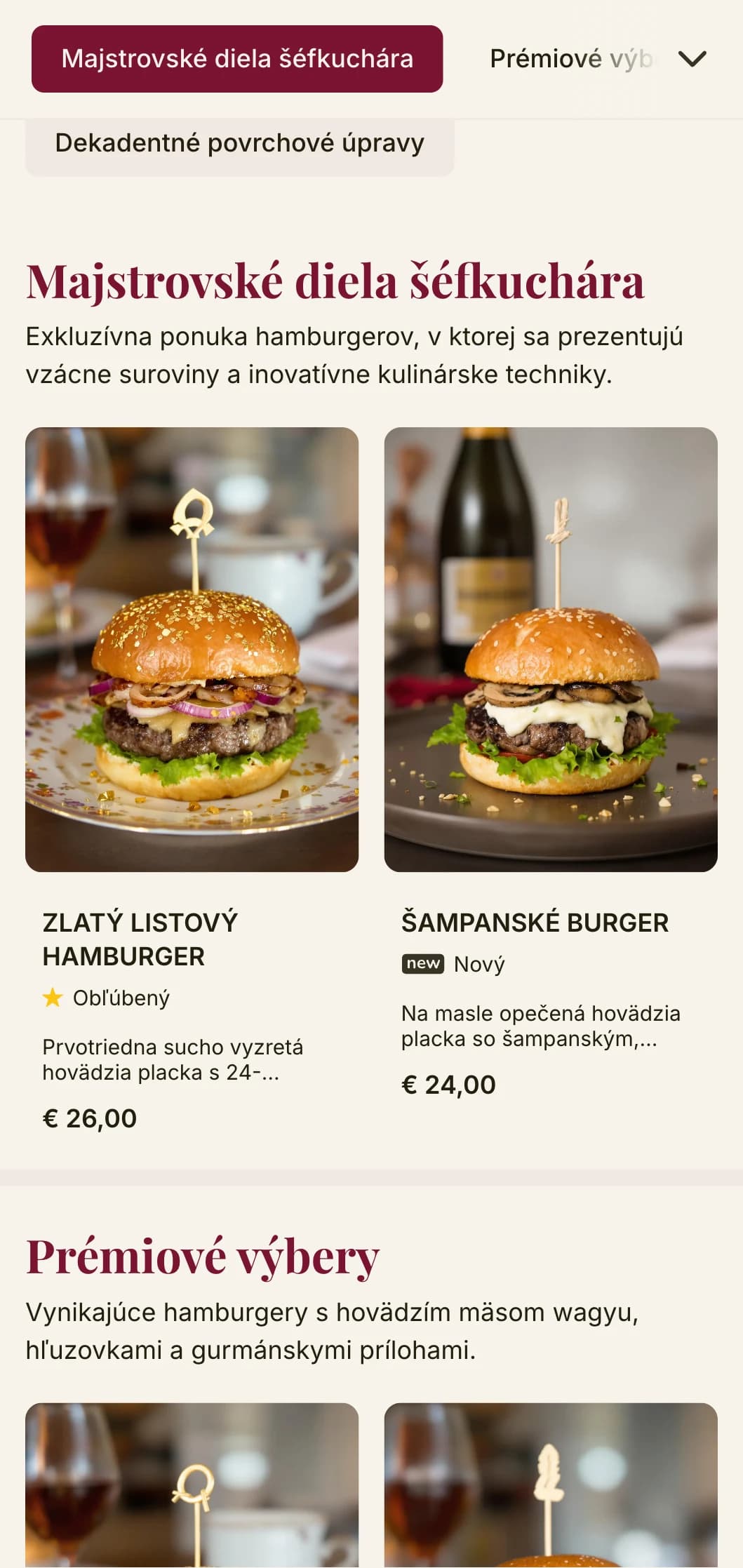 Vylepšené stolovanie s hamburgermi s prvotriednou typografiou a bohatou farebnou paletou pre prvotriedny zážitok z hamburgerov.
