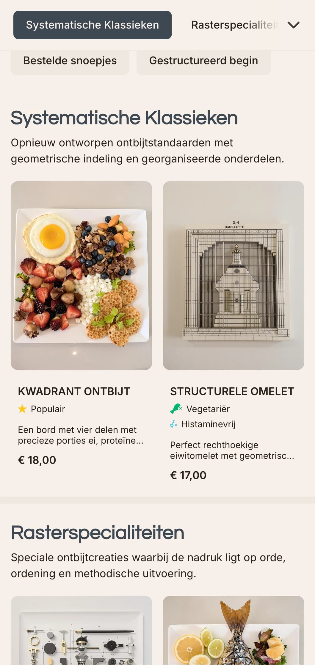 Nauwkeurig gerangschikte ochtendopties met modulaire presentatie en eigentijdse smaakcombinaties.