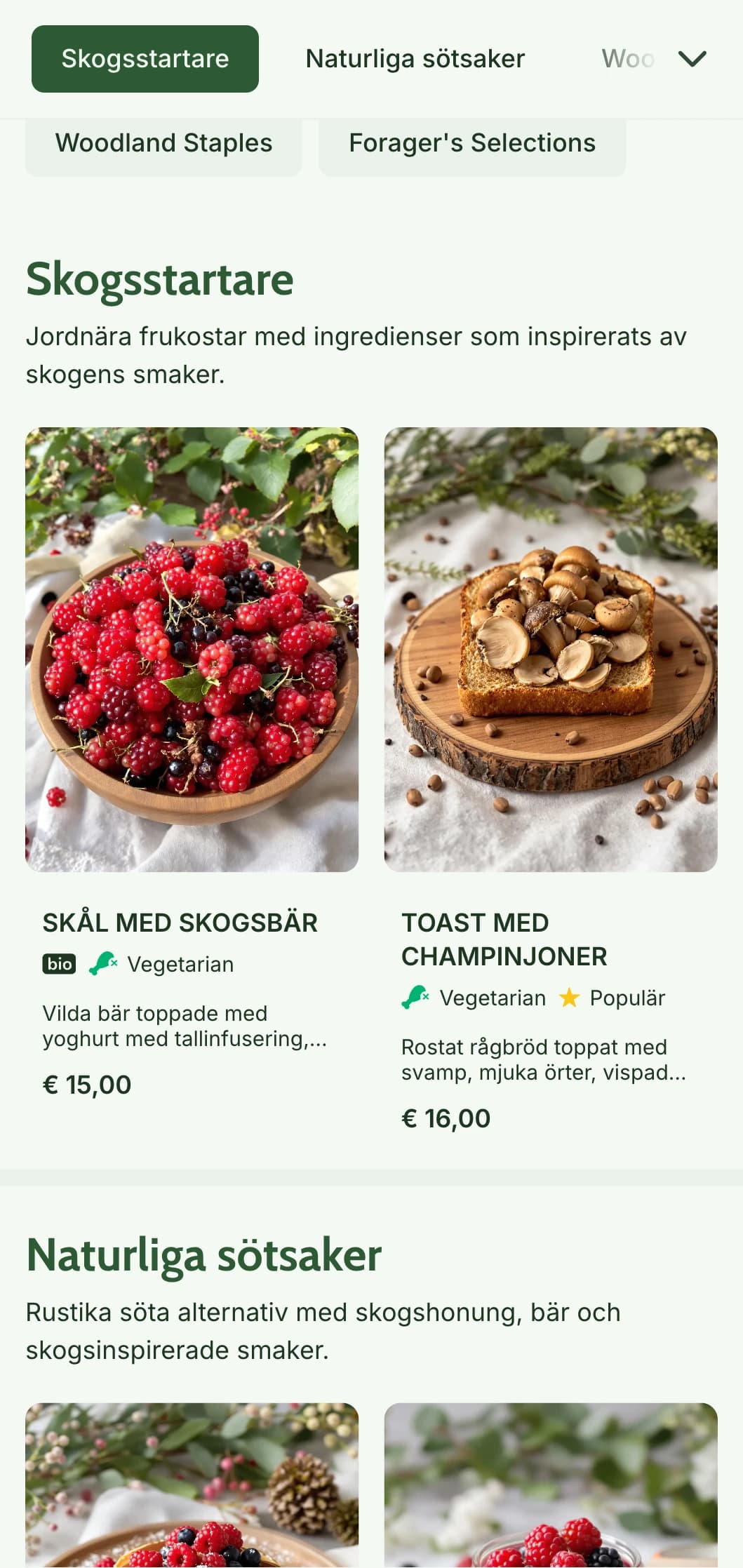 Jordnära frukosträtter inspirerade av ingredienser från skogen och presenterade på ett rustikt sätt.