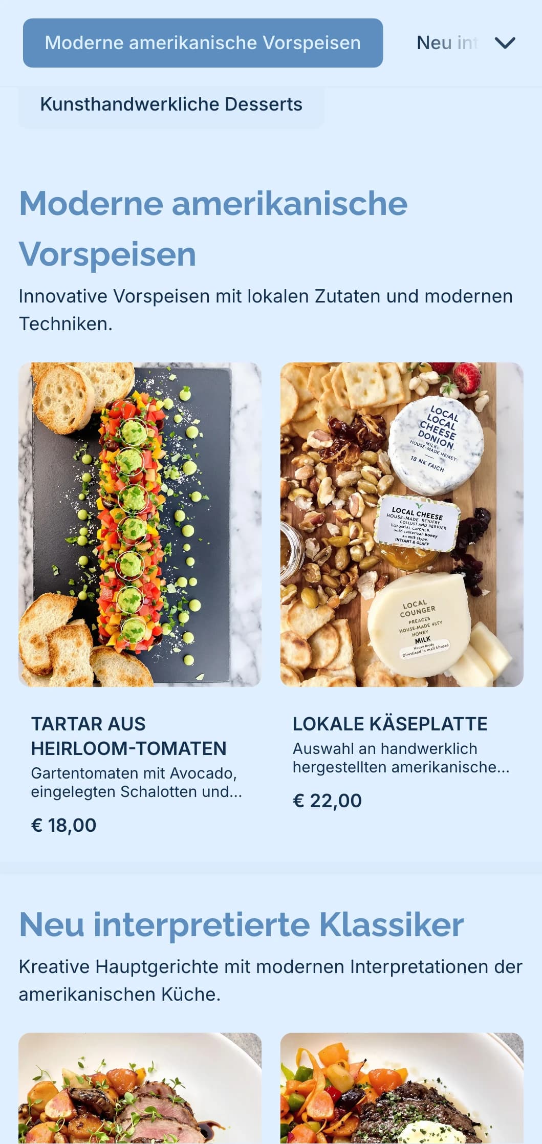 Modernes, amerikanisch inspiriertes Catering mit lokalen Zutaten, innovativen Techniken und zeitgemäßer Präsentation für anspruchsvolle Veranstaltungen.