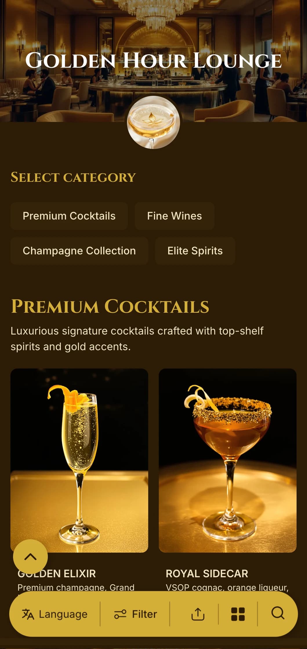 Luxurious gold-toned design for premium cocktail bars and VIP lounges.