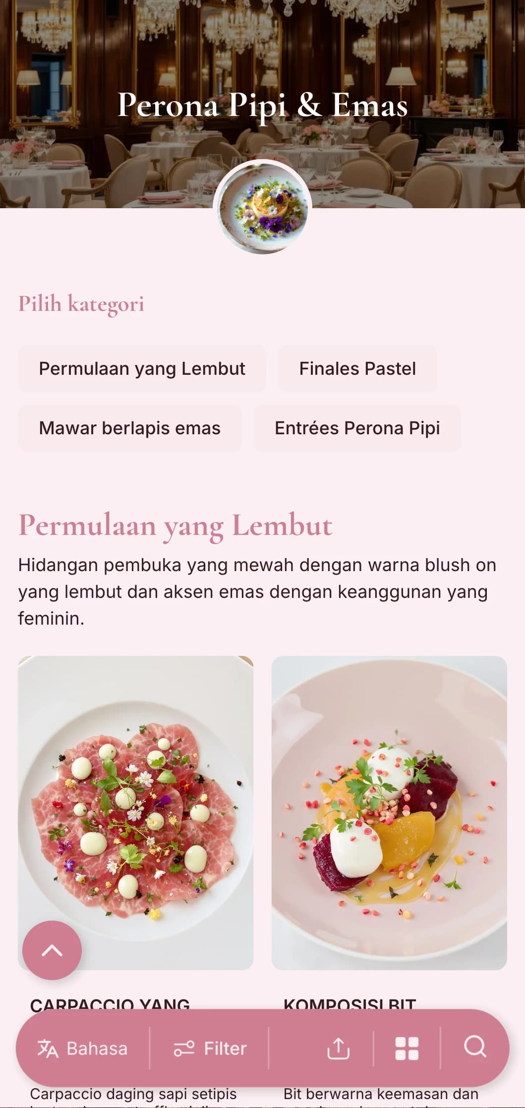 Konsep feminin yang halus menampilkan warna perona pipi yang lembut dengan aksen emas yang elegan untuk pengalaman kemewahan yang halus.