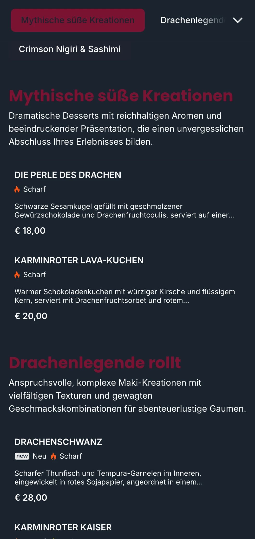 Kühnes, dramatisches Sushi-Menü mit satten Rottönen, inspiriert von der traditionellen japanischen Drachenmythologie.