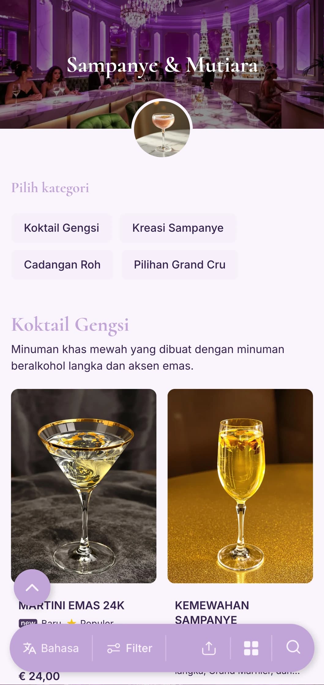 Desain lavender dan putih mutiara yang lembut untuk lounge sampanye dan koktail kelas atas.