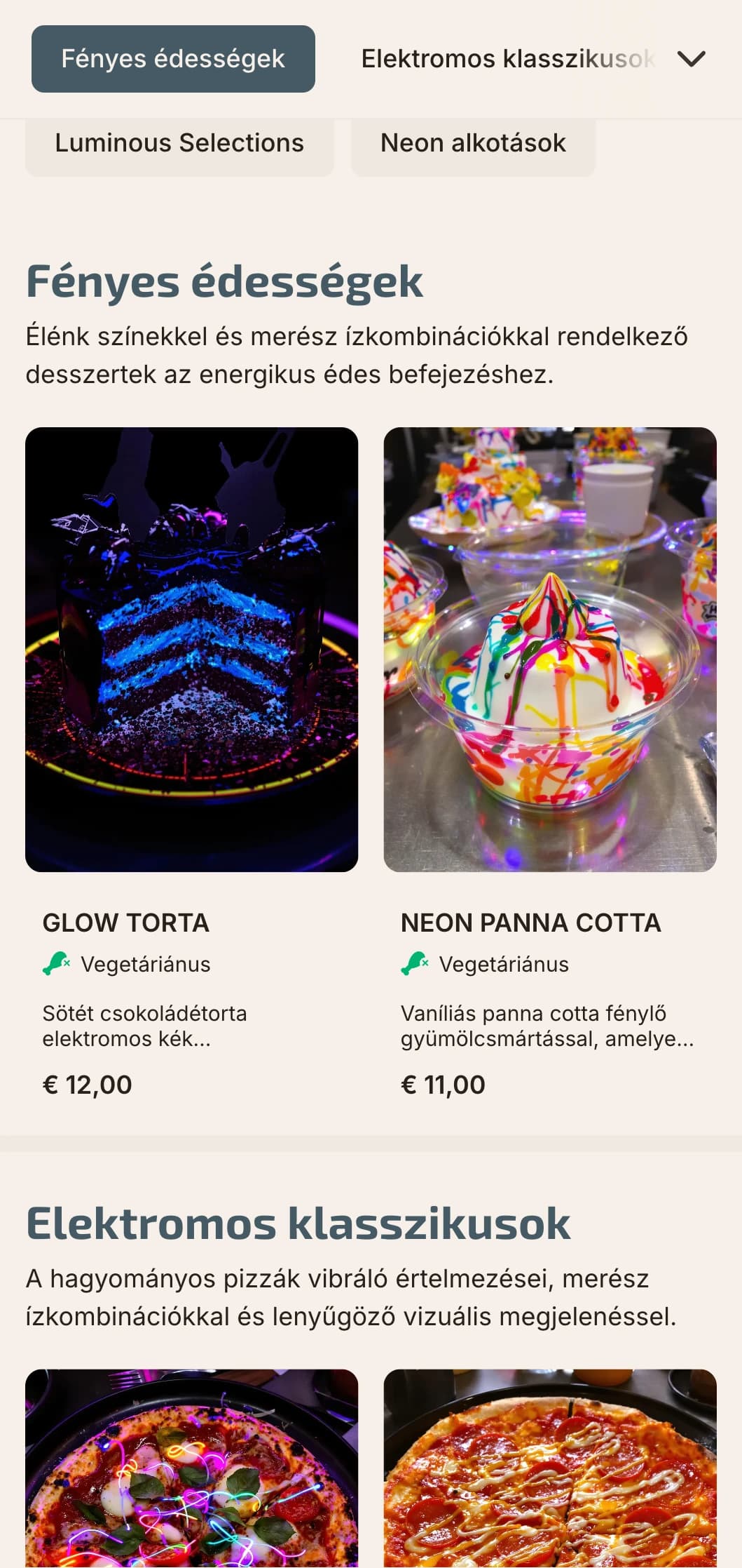 Kortárs pizzamenü neonszínű akcentusokkal és modern, városi esztétikával.