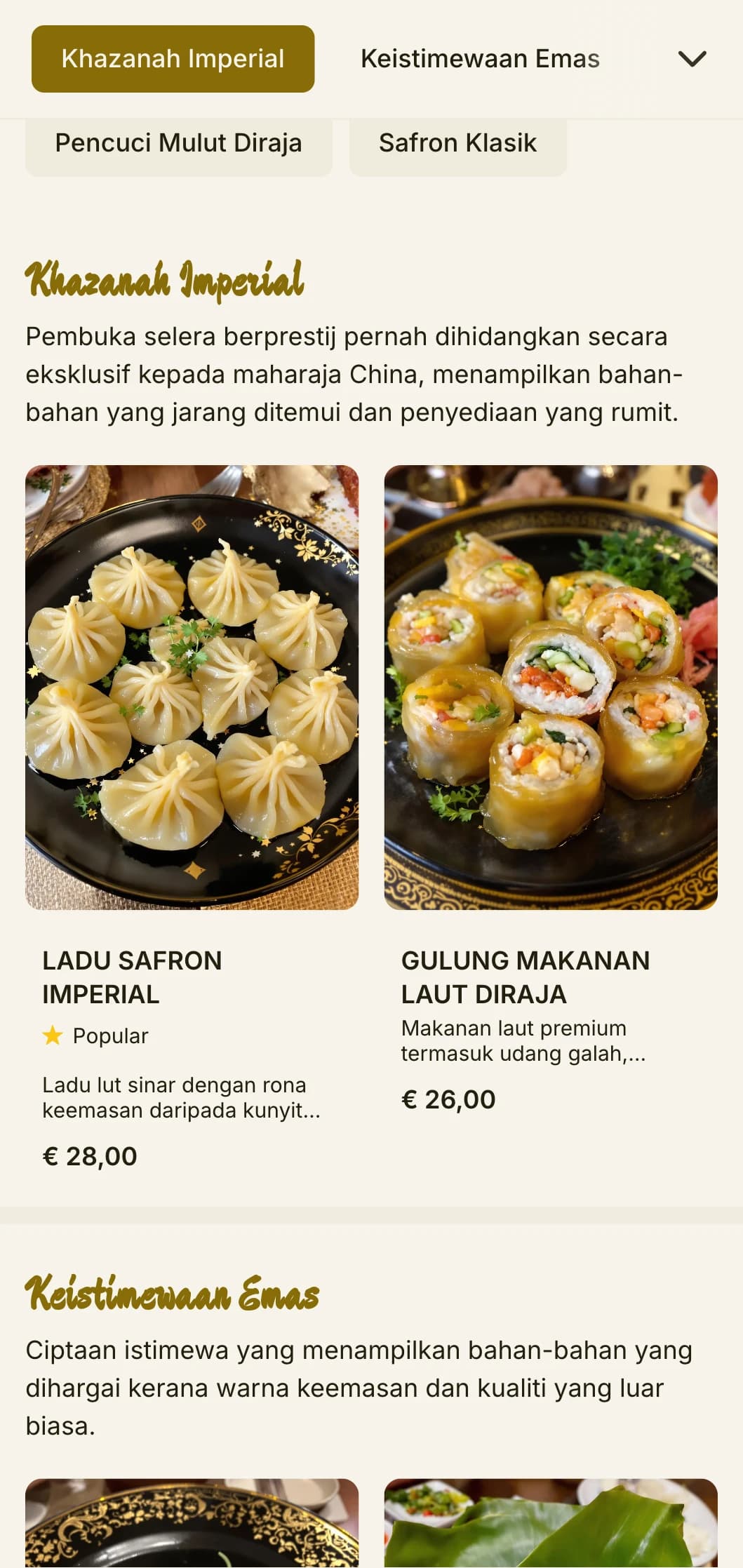Reka bentuk menu Cina mewah yang diilhamkan oleh warna kunyit imperial, dengan unsur yang kaya untuk pengalaman masakan diraja.
