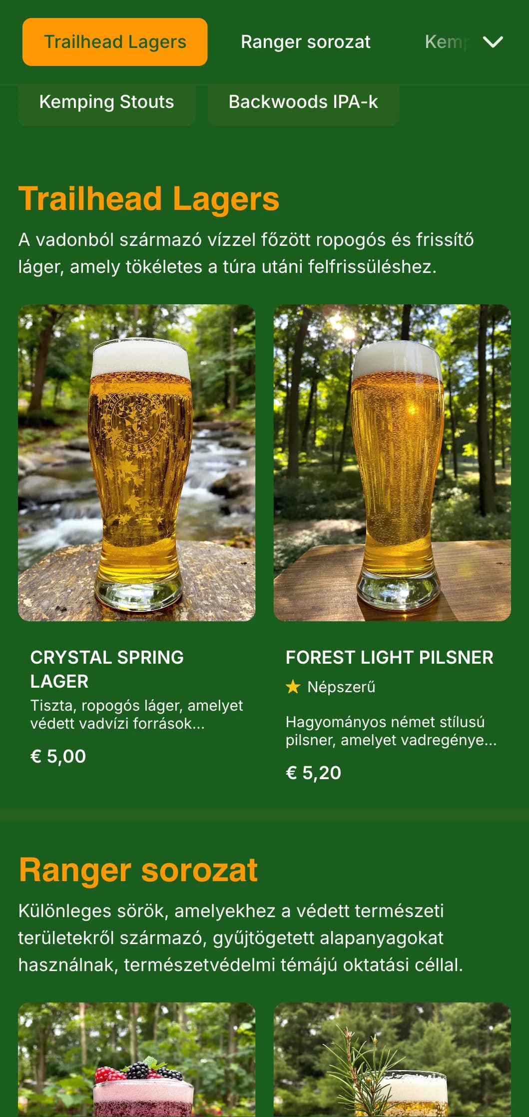 Természetes és földies design, amelyet a mély erdők ihlettek, gazdag zöldekkel és erdei elemekkel a természet témájú sörfőzdék számára.