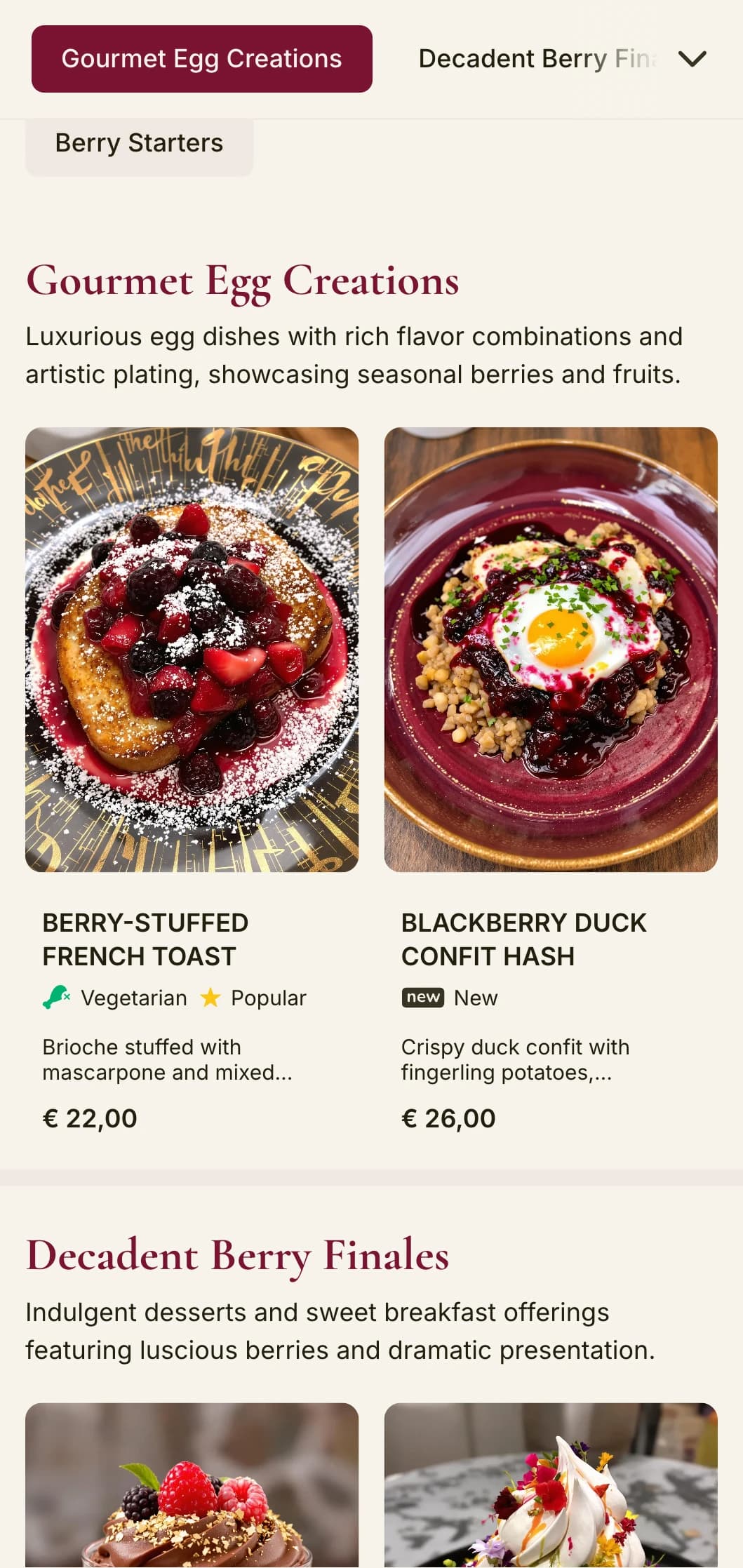Vibrant brunch template with rich berry tones and elegant typography, designed for cafés with signature fruit-forward dishes.