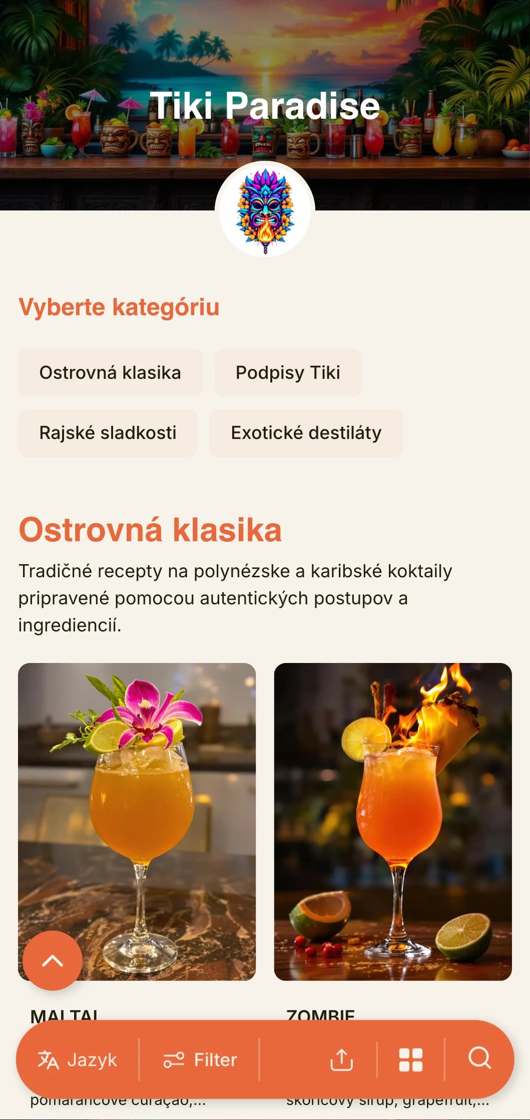 Exotický, žiarivý dizajn pre tiki bary a tropické koktailové salóny s hravou typografiou a teplými farbami.
