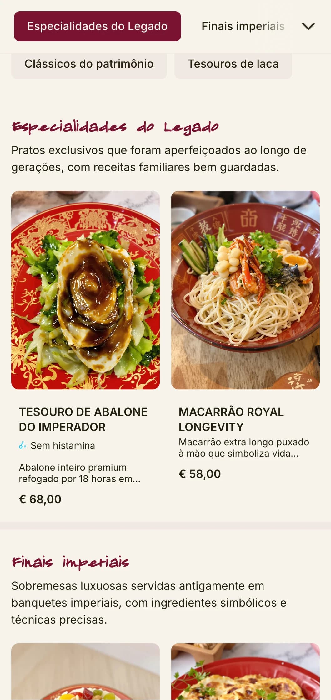Luxuoso design de cardápio chinês inspirado na tradicional louça de laca, com cores ricas para a culinária tradicional e ocasiões especiais.