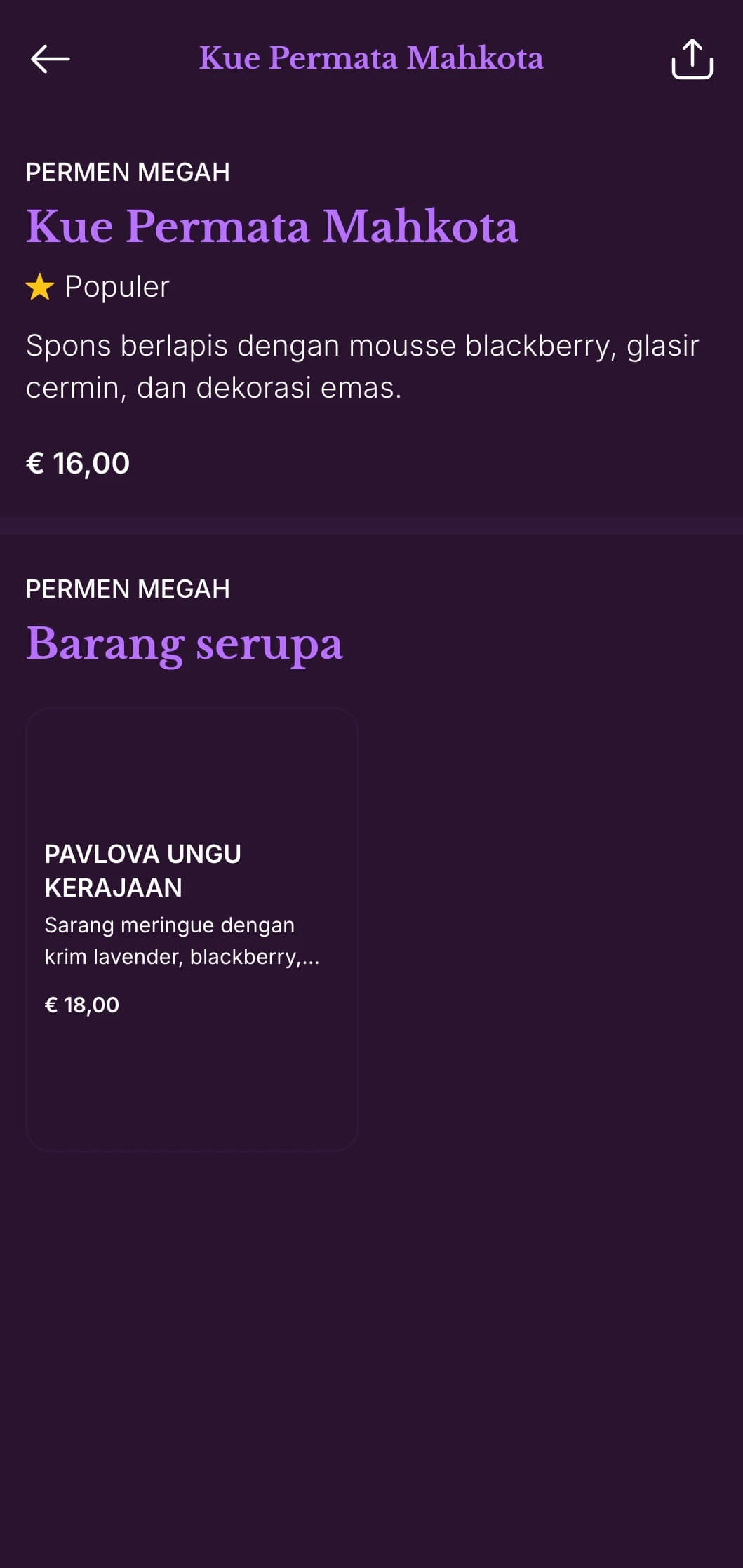 Menu makan malam berwarna ungu dan emas yang megah dengan elemen desain klasik, sempurna untuk restoran dengan pesona dunia lama.