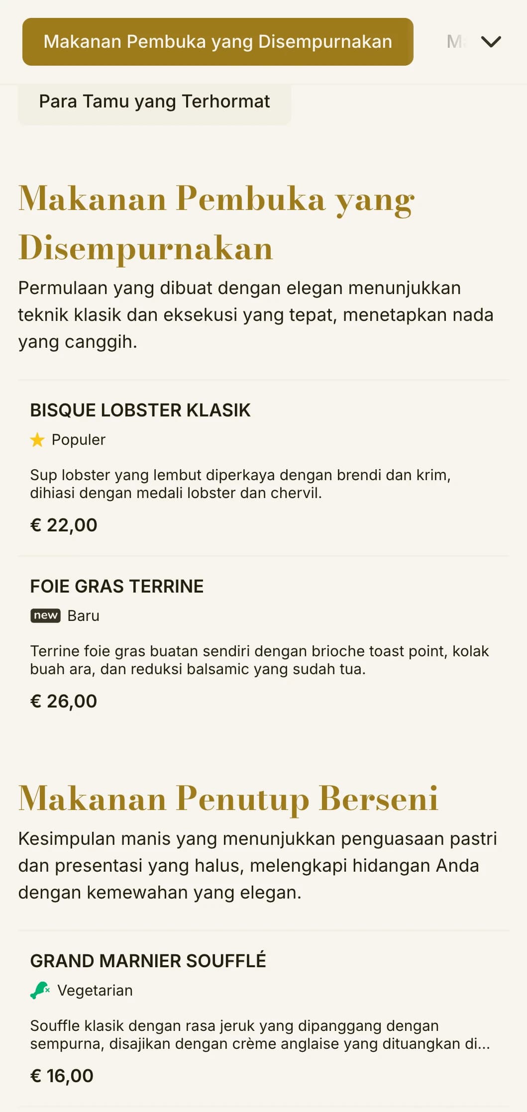 Desain menu makan siang yang halus dan canggih dengan tipografi yang halus dan proporsi klasik, cocok untuk restoran kelas atas dan restoran mewah yang menawarkan layanan makan siang.
