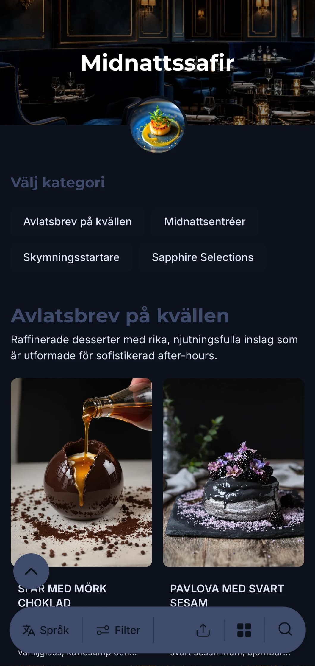 Sofistikerat matkoncept efter stängning med djupblå toner och subtila lyxelement för en uppslukande kulinarisk upplevelse.