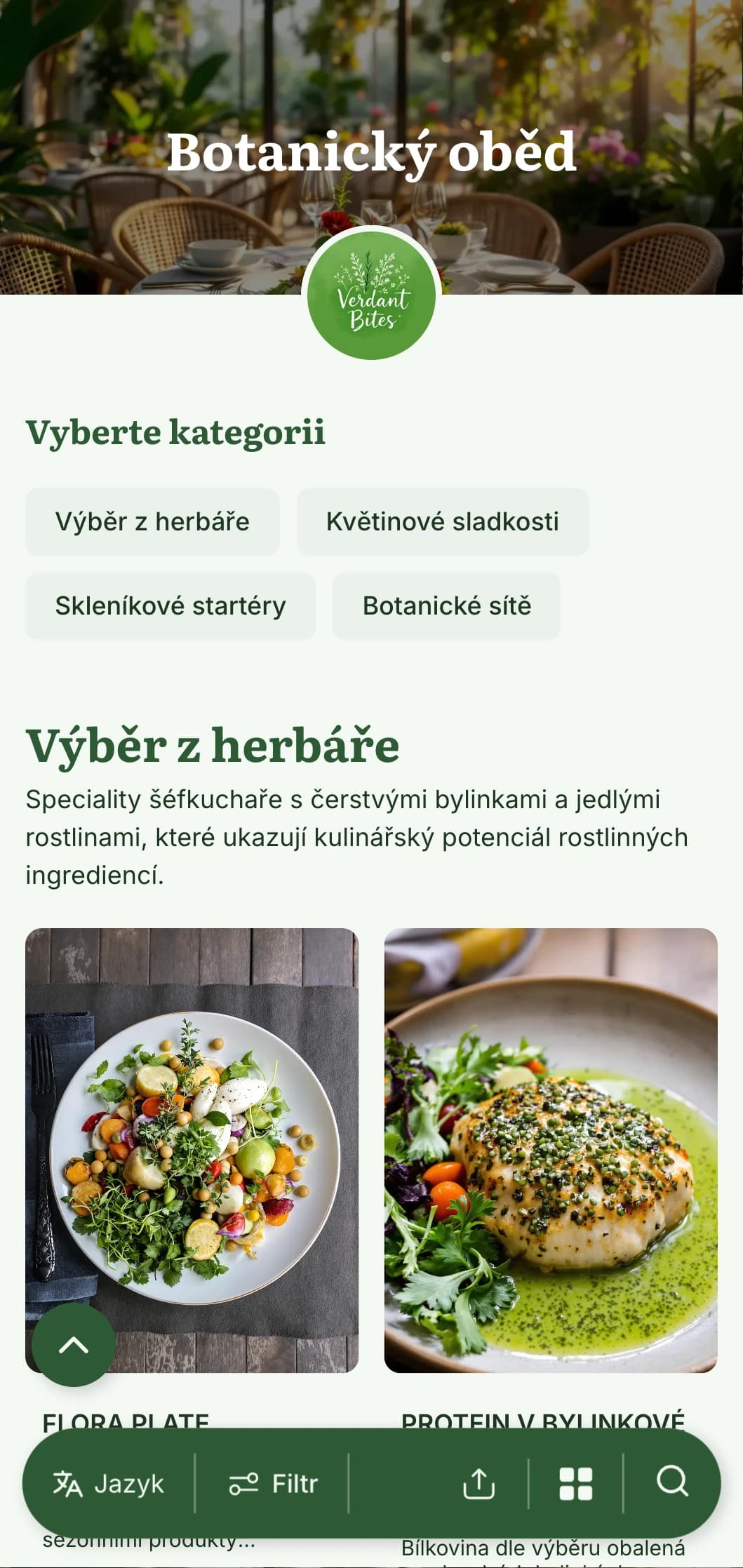 Svěží, rostlinami inspirovaný design poledního menu s botanickými ilustracemi a přírodními texturami, ideální pro skleníkové kavárny a restaurace se zahradou.
