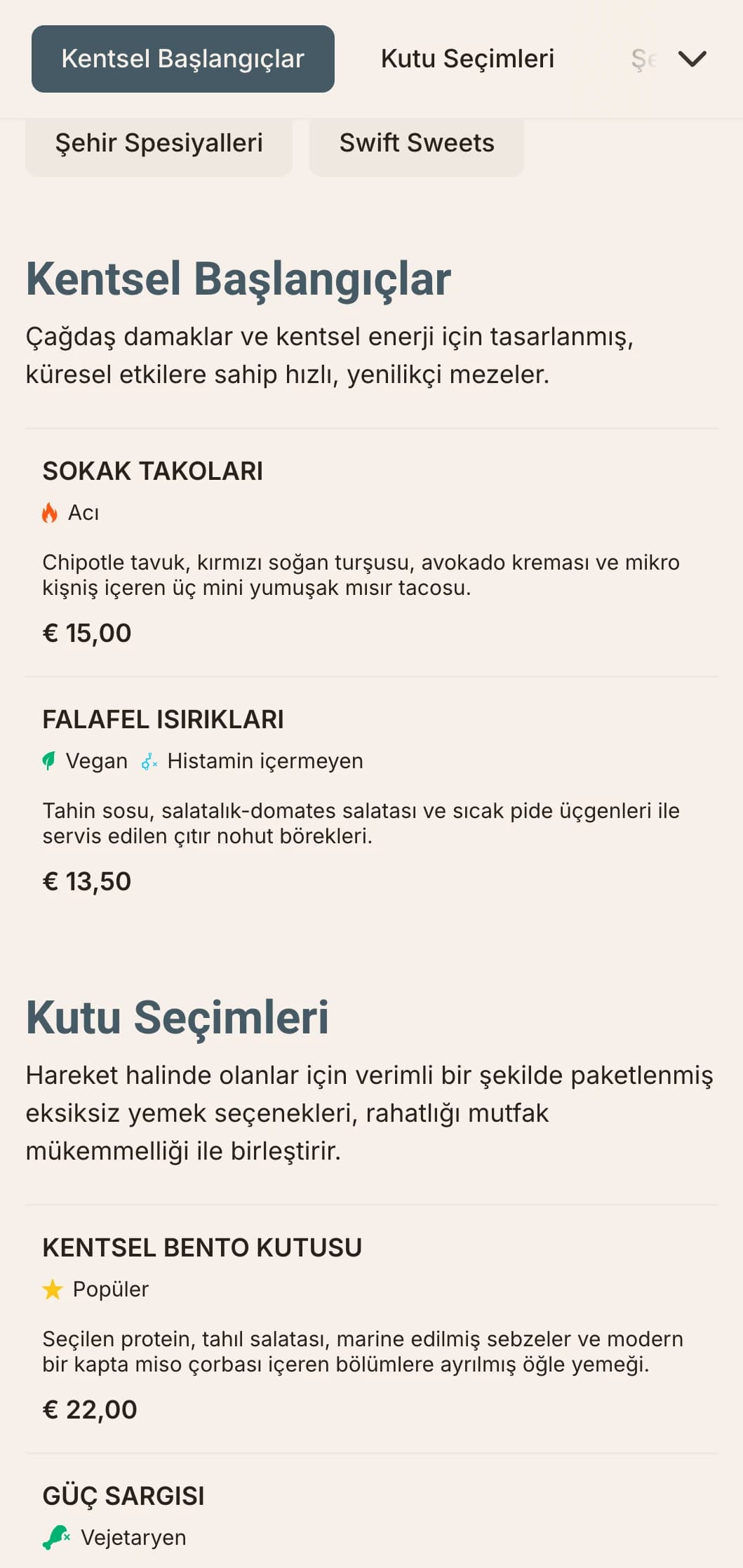 Hızlı yemek mekanları için cesur, çağdaş öğle yemeği menüsü tasarımı, dinamik tipografi ve kaliteli öğlen yemeği arayan şehirli profesyoneller için verimli düzen.