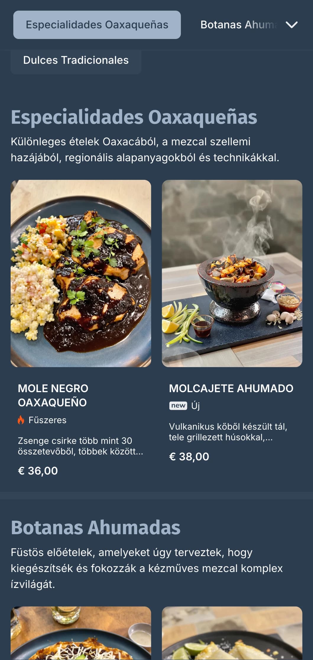 Titokzatos és kifinomult mezcal bármenü füstös kékesszürke árnyalatokkal, kézműves szeszes italokkal és hagyományos oaxacai kísérőitalokkal.