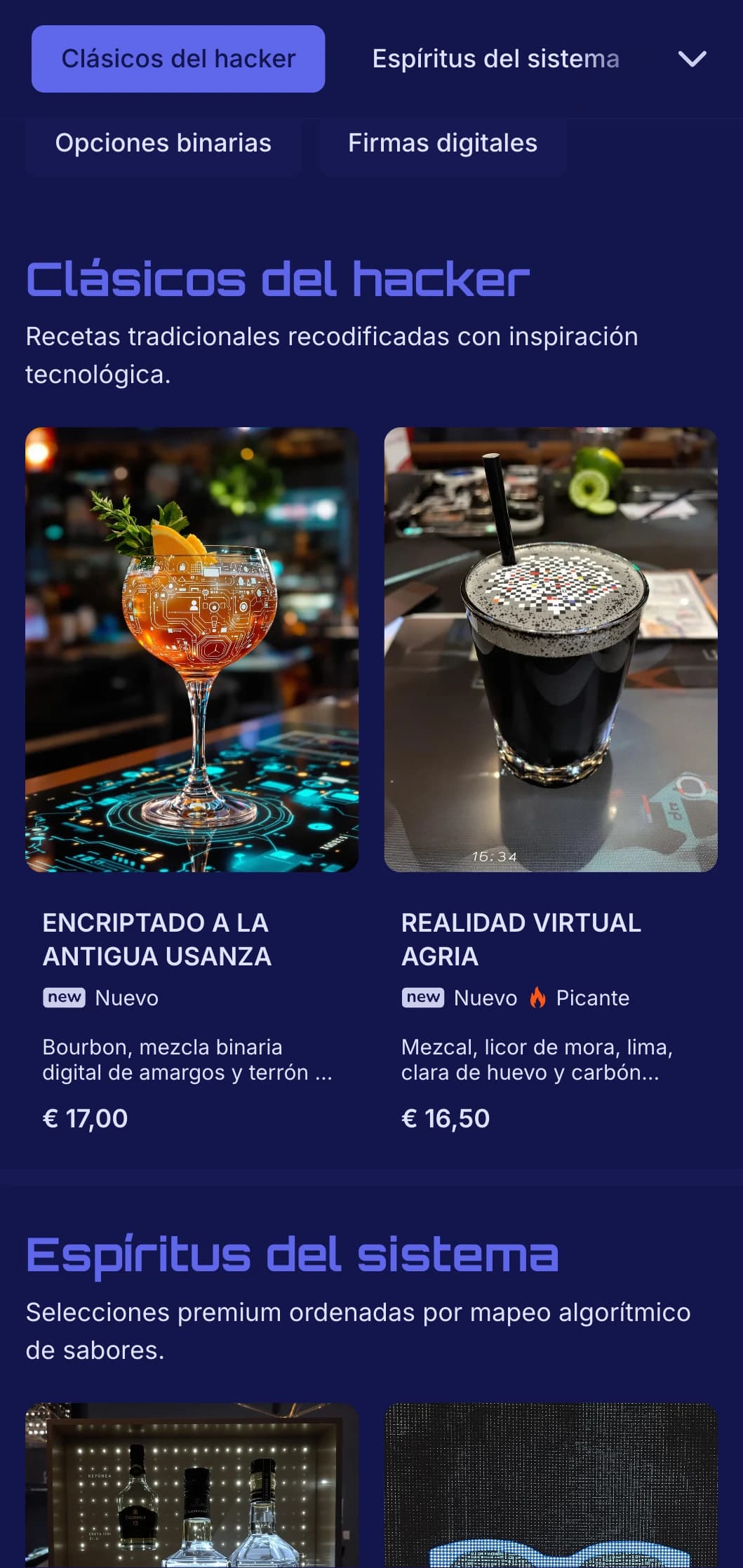 Diseño futurista en azul y negro con elementos digitales para bares de vanguardia.