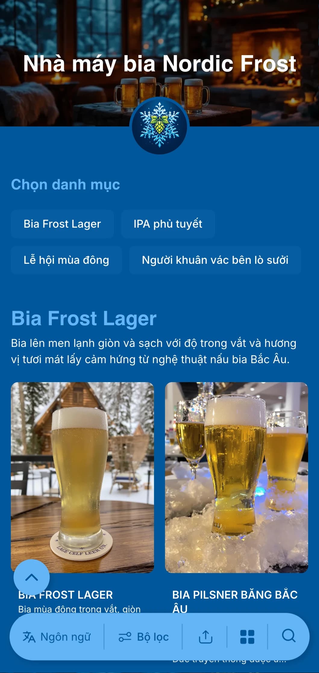 Thiết kế theo chủ đề mùa đông mát mẻ và trong lành với tông màu xanh băng giá và điểm nhấn là hình bông tuyết, lý tưởng cho thực đơn bia theo mùa đông.
