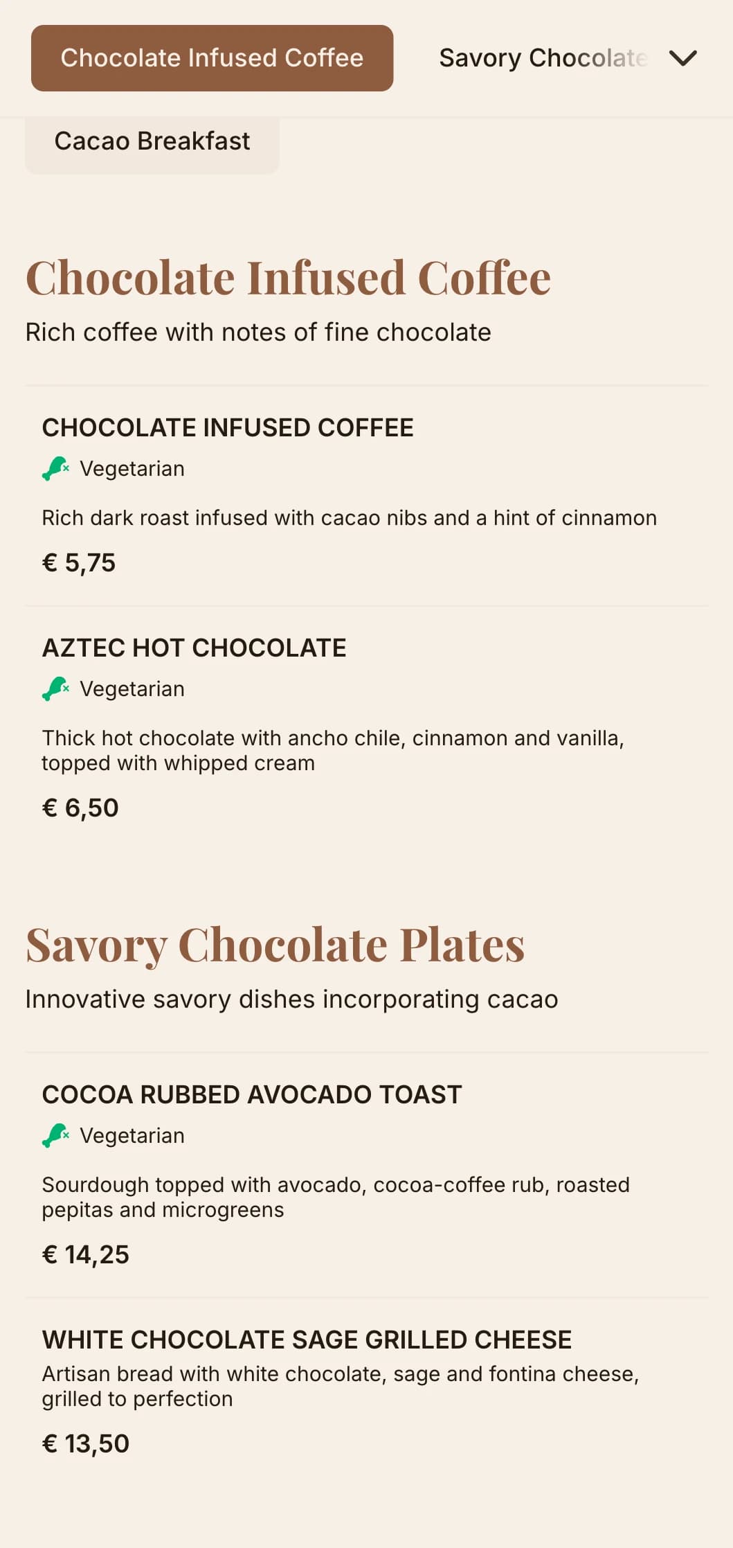 Deep brown design with rich textures for chocolate cafes and dessert shops.