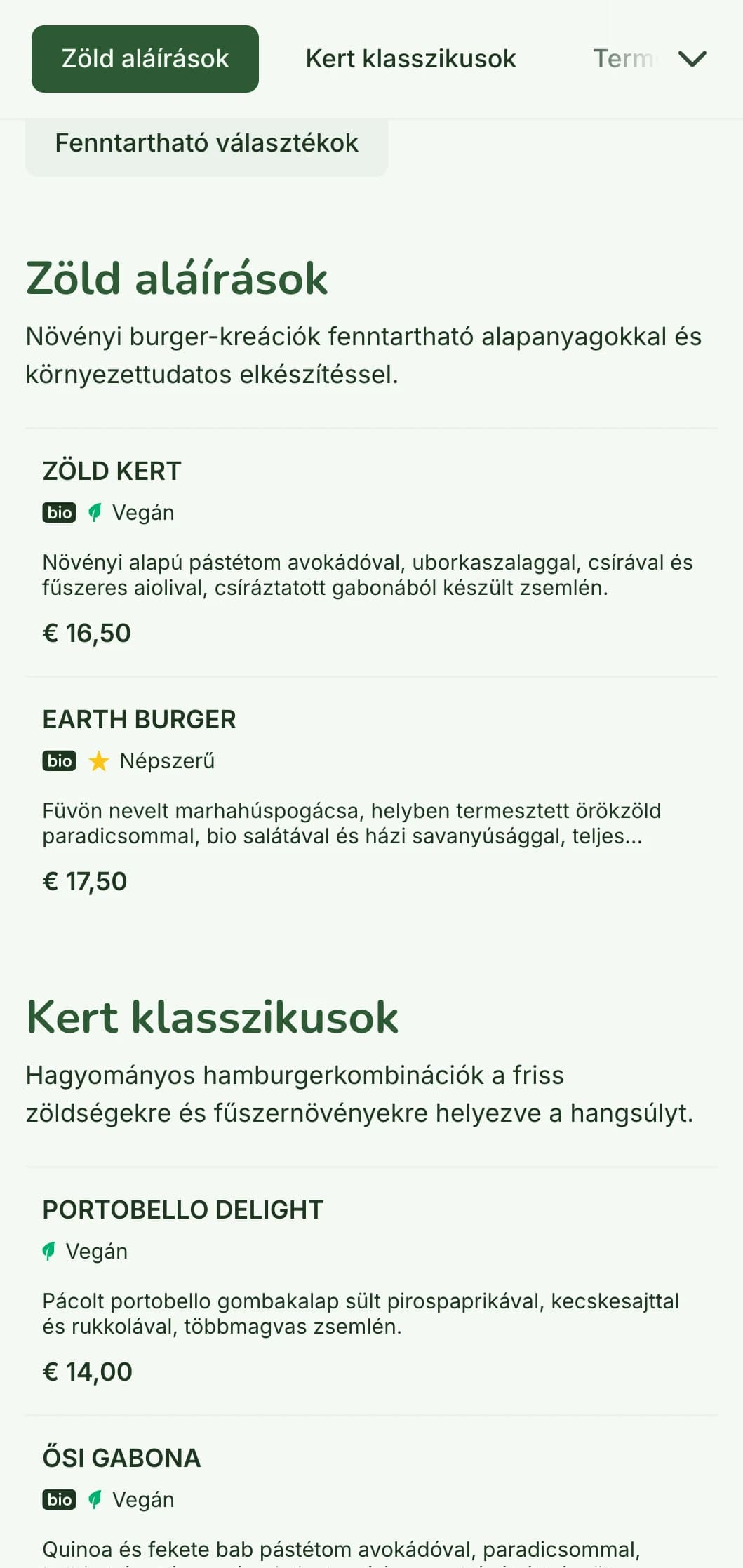 Környezettudatos hamburgermenü fenntartható fókusszal, természetes anyagokkal és növényi alapú opciókkal.