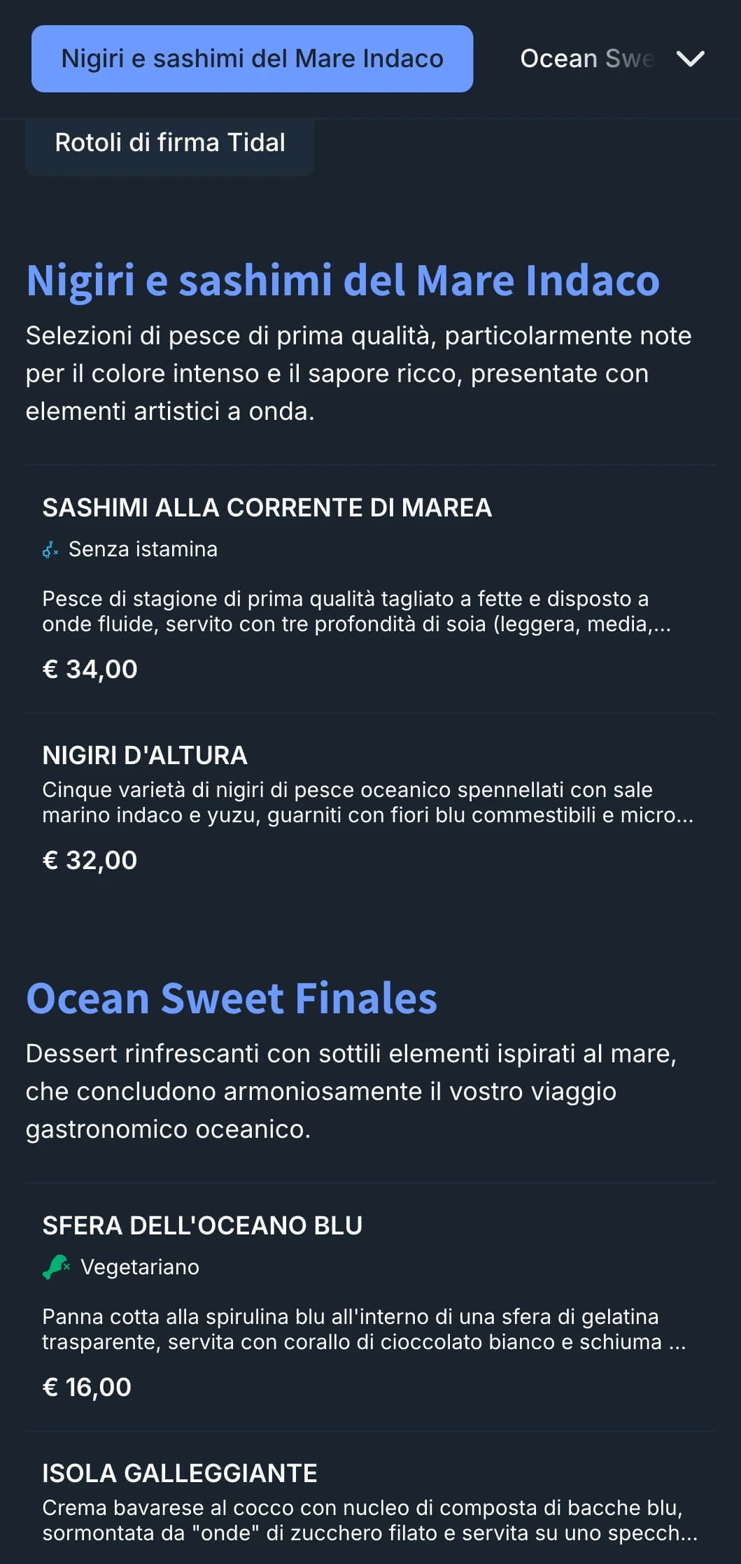 Menu di sushi ispirato all'oceano, con onde di colore indaco intenso e design contemporaneo per i ristoranti di pesce.