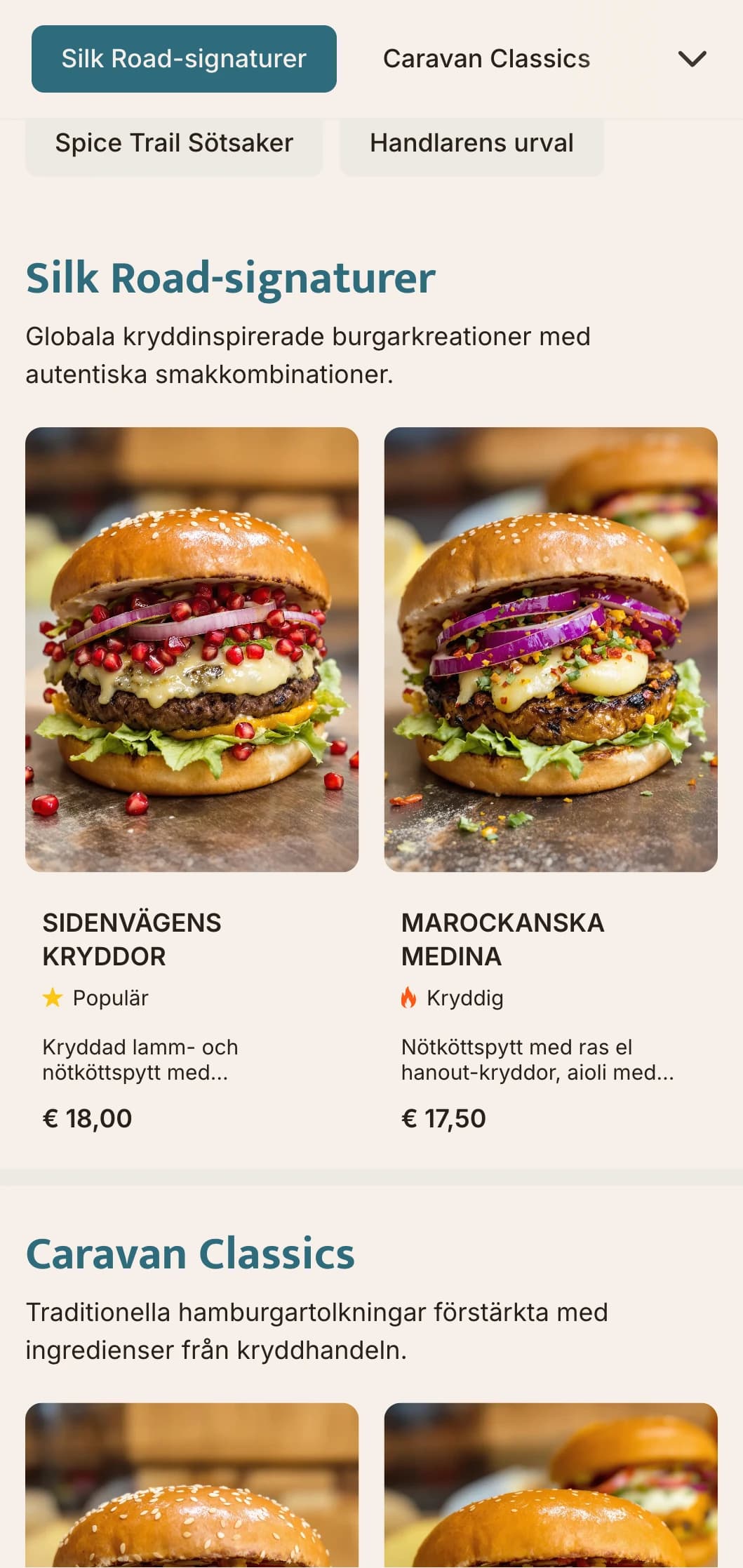 Kryddhandelsinspirerad hamburgermeny med globala smakprofiler och historiska referenser.