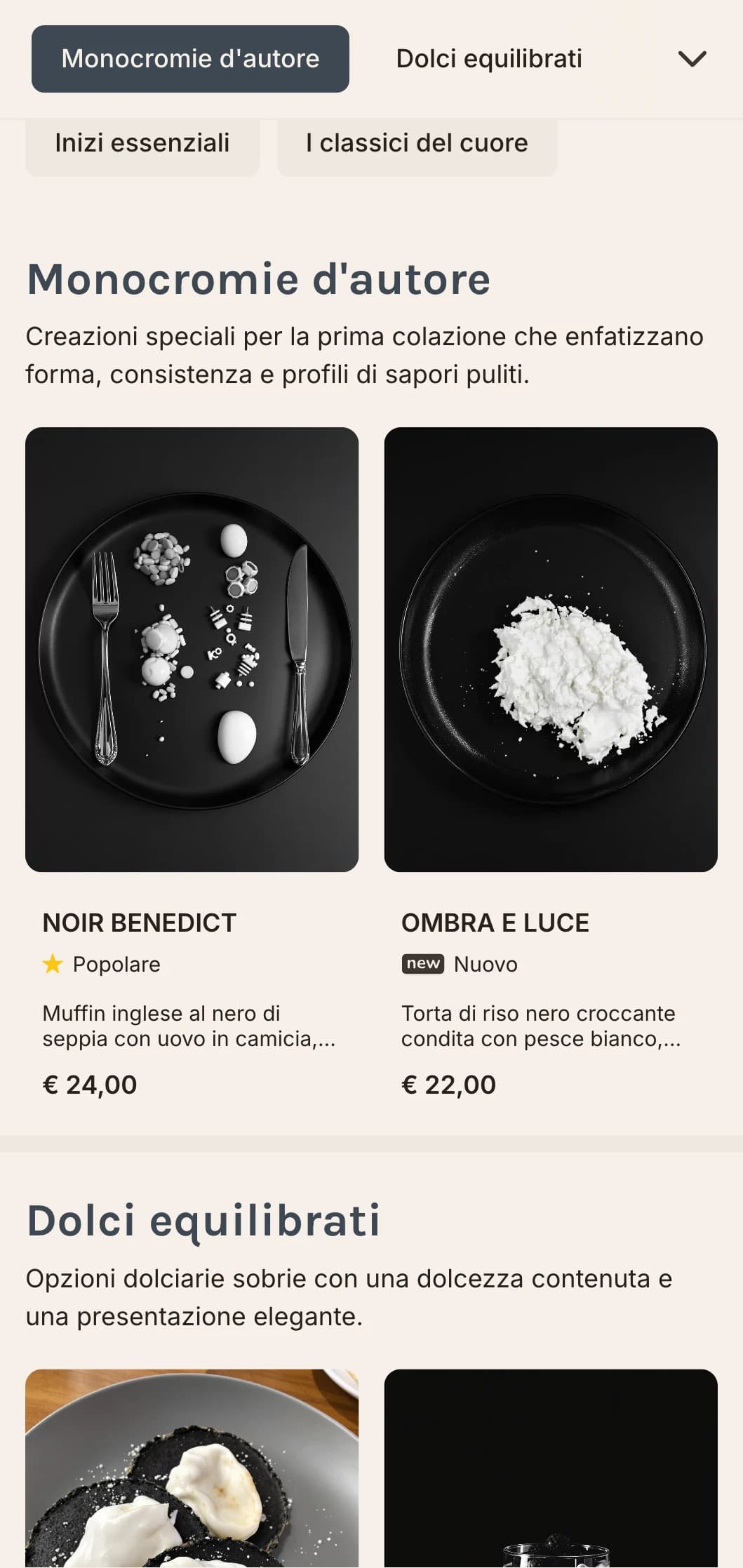 Opzioni per la colazione eleganti e raffinate, presentate in un'accattivante tavolozza monocromatica per i commensali attenti al design.