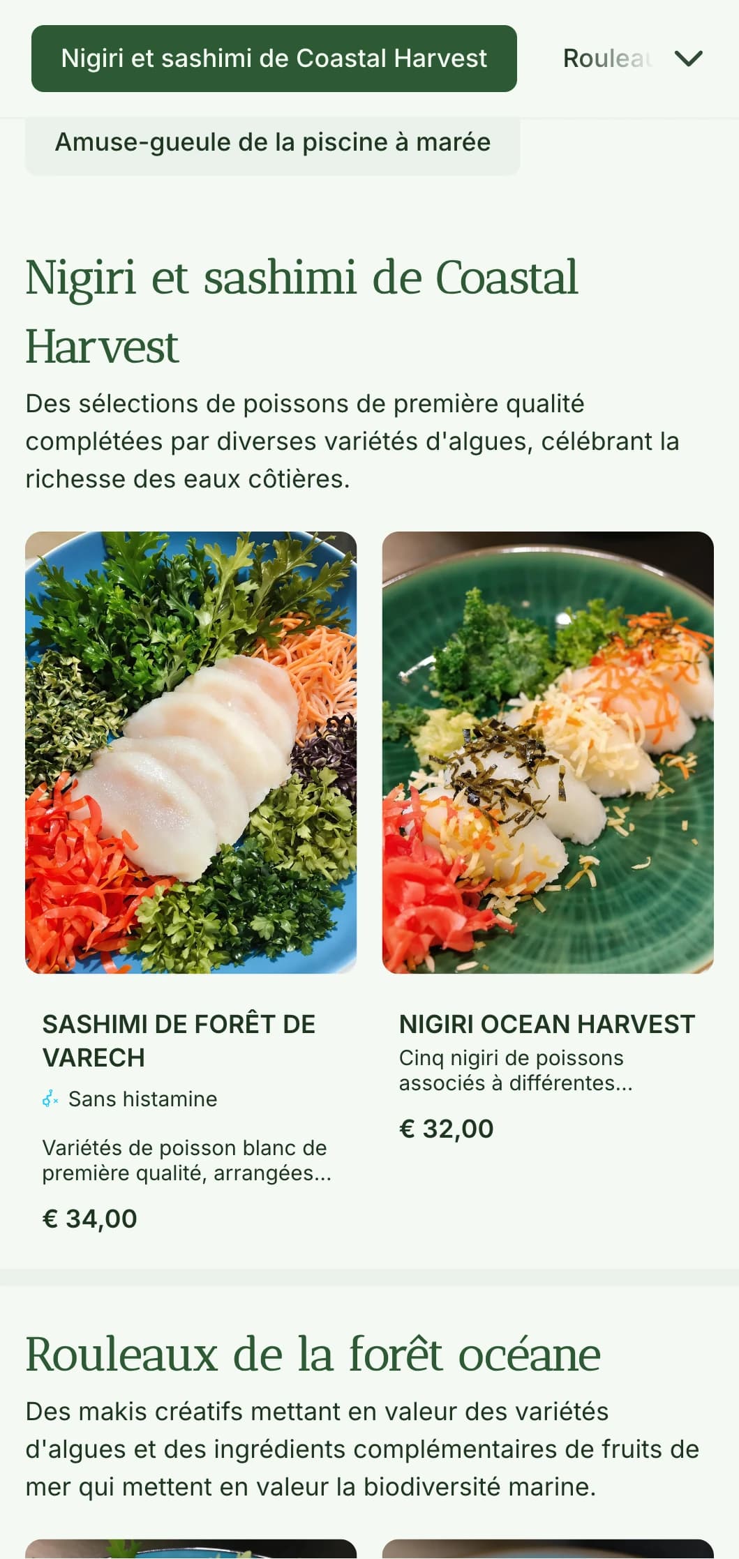 Menu de sushi frais inspiré de l'océan, avec des tons verts d'algues profondes pour les restaurants de fruits de mer authentiques.