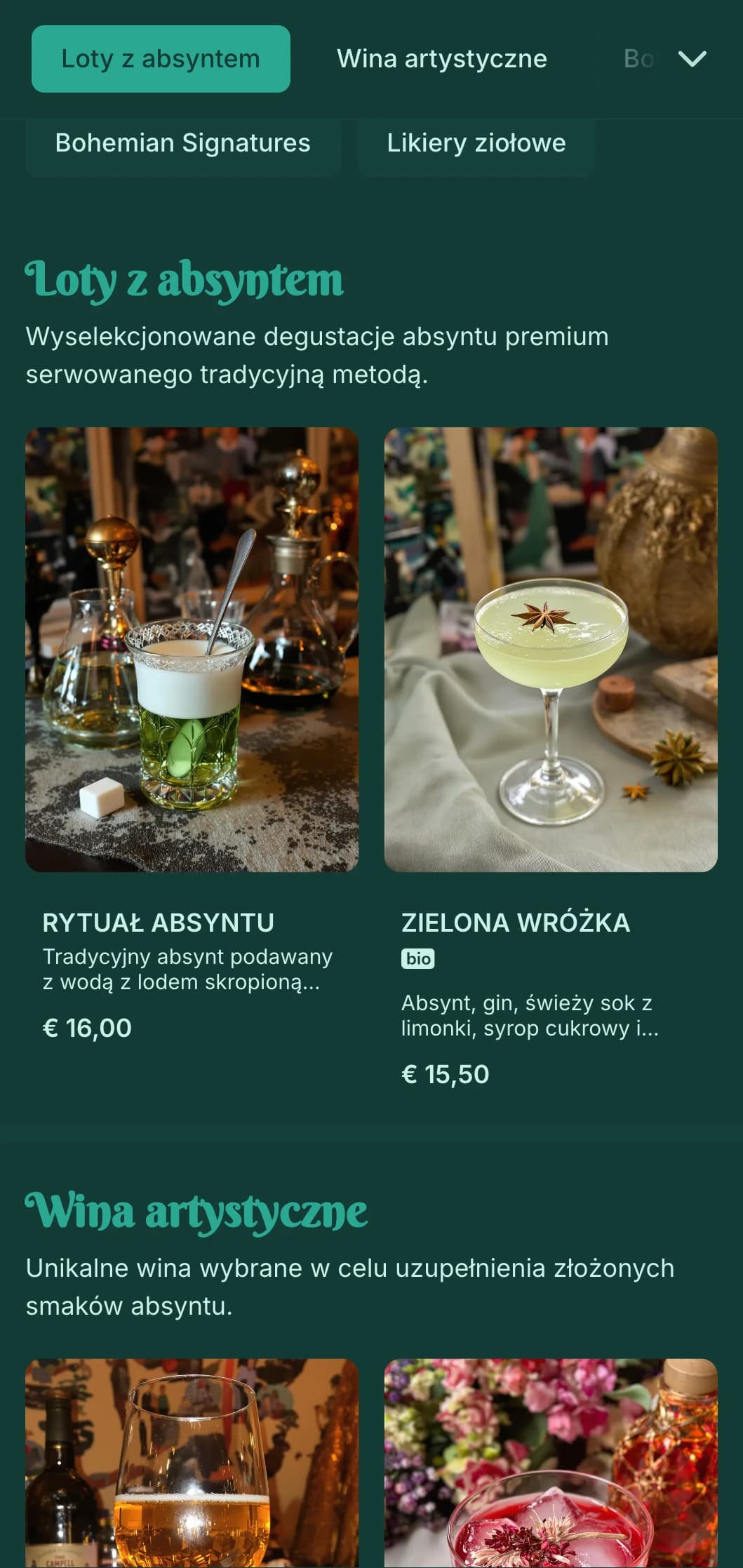 Szmaragdowozielony design z elementami secesyjnymi do absyntu i salonów spirytusowych.