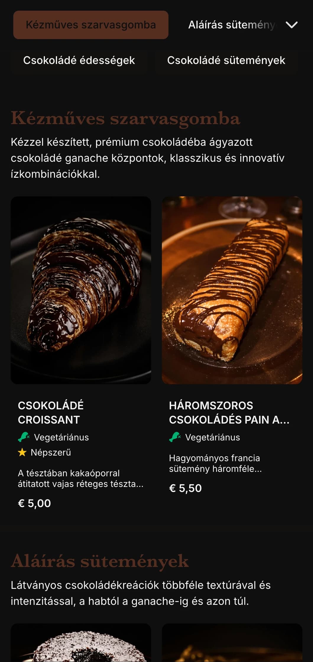 Gazdag, kényeztető pékségi menüterv mély csokoládébarna tónusokkal és elegáns tipográfiával, tökéletes a csokoládéra összpontosító pékségek számára.