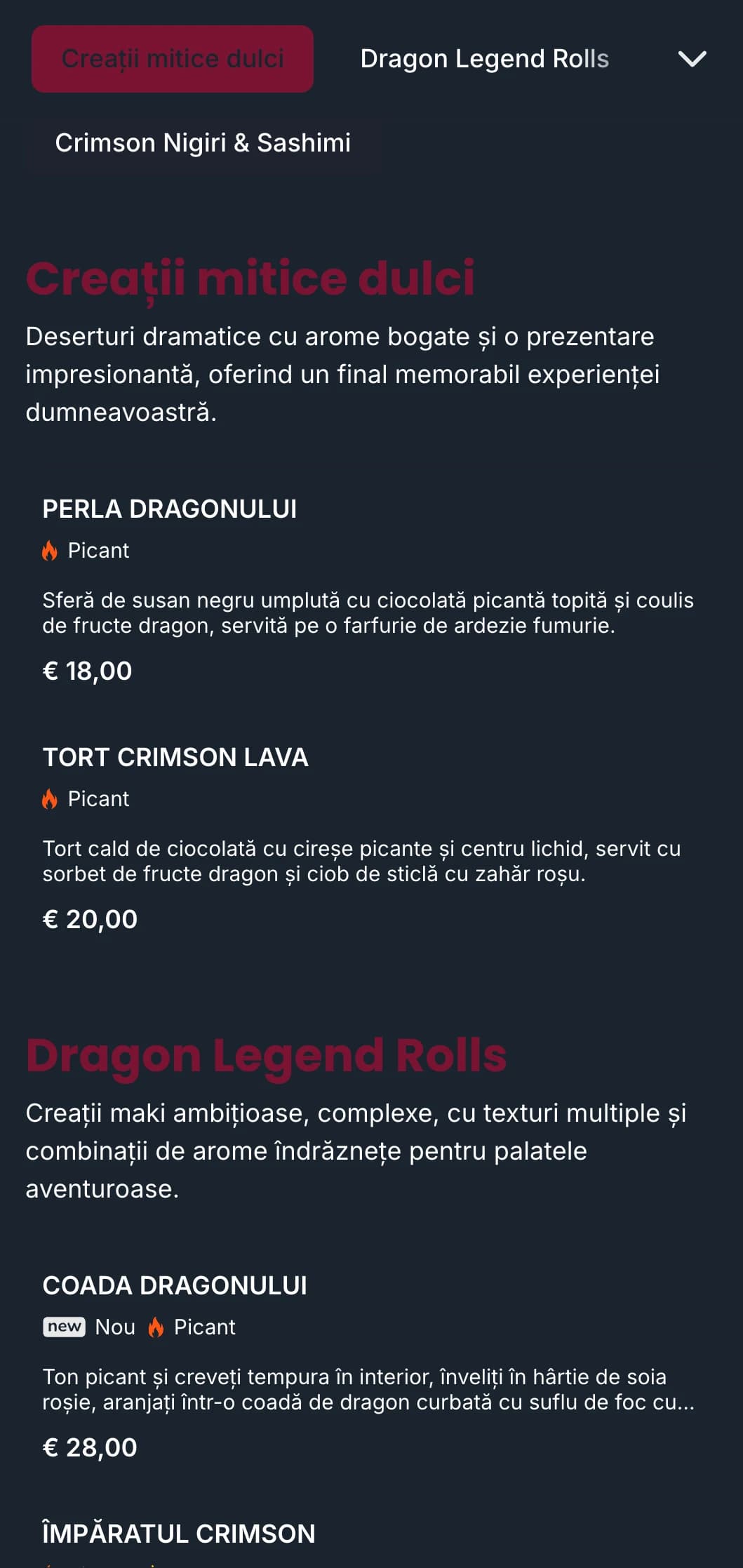 Meniu sushi îndrăzneț, dramatic, cu tonuri bogate de roșu, inspirat de mitologia tradițională japoneză a dragonilor.