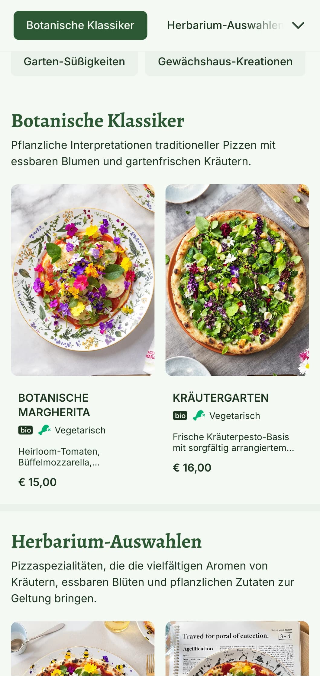 Pflanzliche Pizzakarte mit botanischen Illustrationen und natürlichen Designelementen.