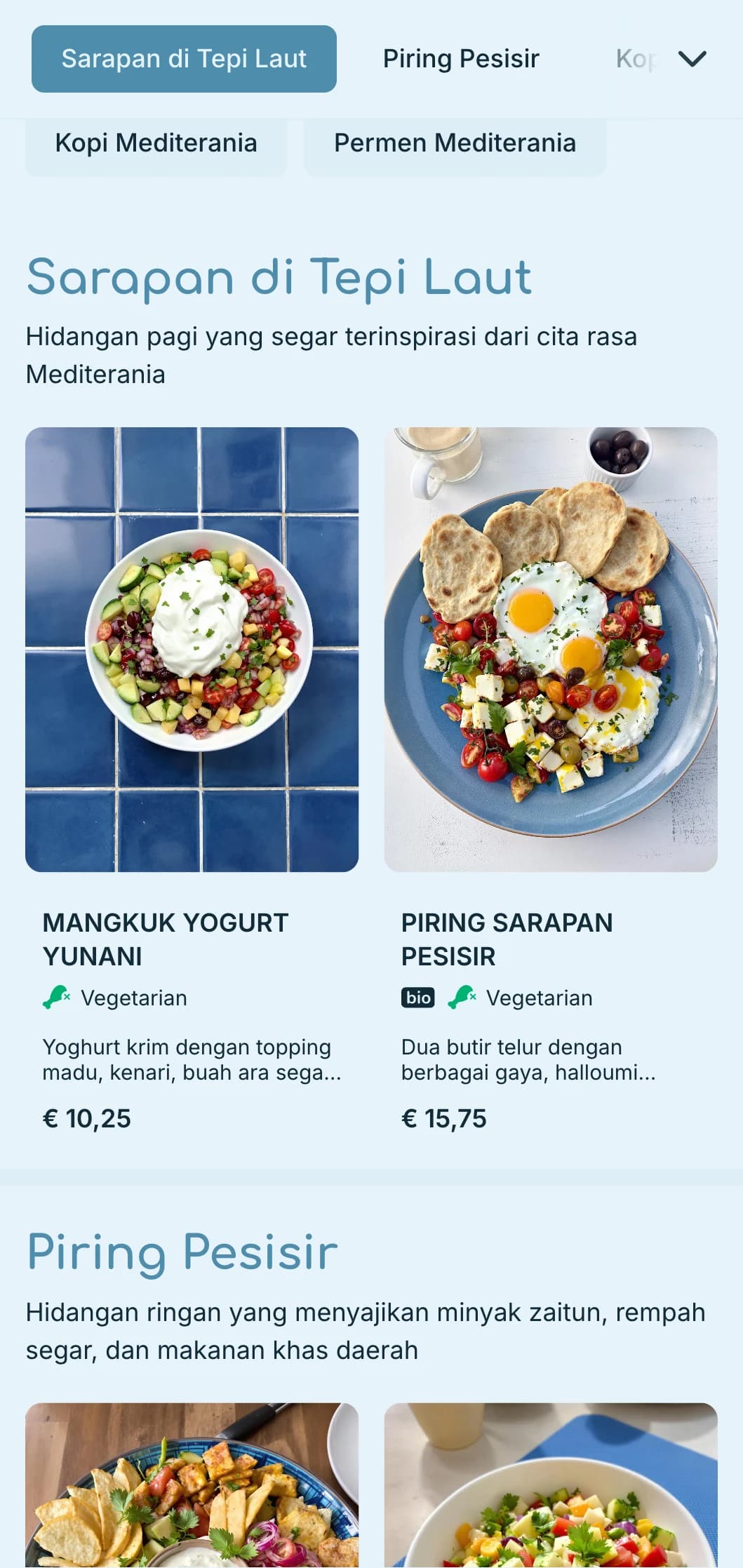 Palet biru menyegarkan yang terinspirasi dari perairan Mediterania untuk kafe dan bistro di tepi pantai.