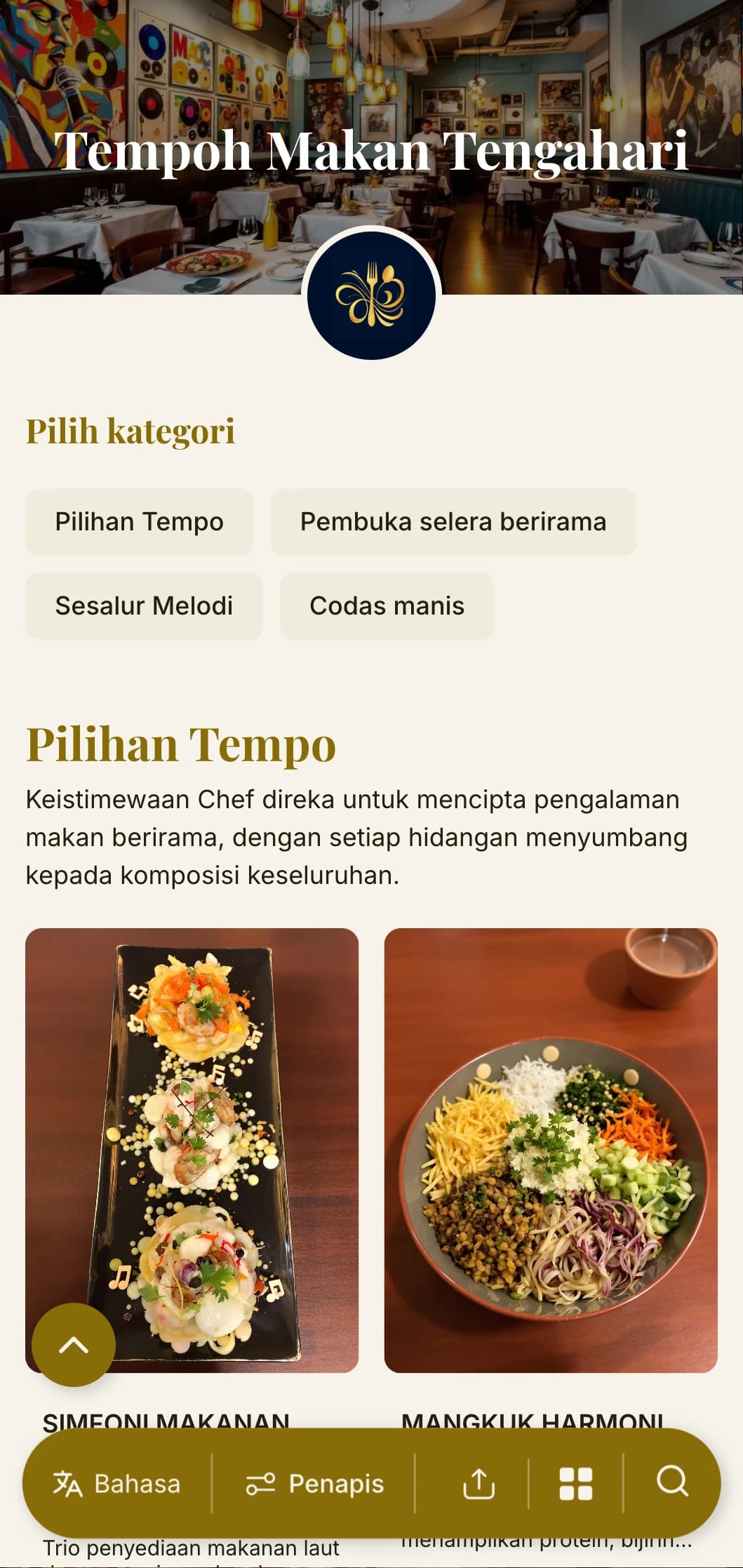 Reka bentuk menu makan tengah hari yang dinamik dan berinspirasikan irama dengan unsur muzik dan susun atur yang mengalir, sesuai untuk restoran berhampiran teater dan tempat kebudayaan.
